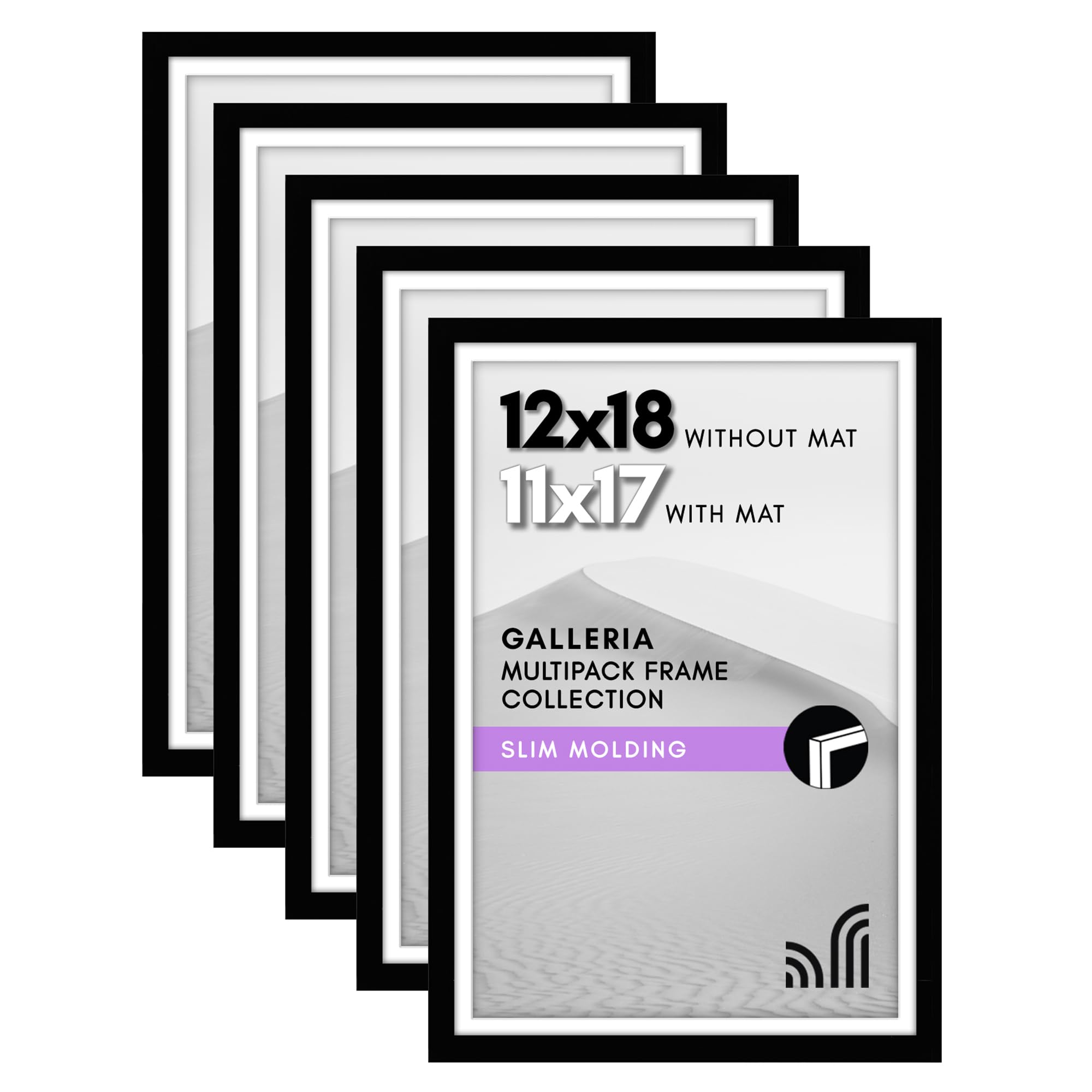 Americanflat 12x18 Poster Frame Set of 5 - Black Gallery Wall Frames with Polished Plexiglass - 11x17 with Mat or 12x18 Without Mat - Galleria Collection - Perfect for Home Decor, Office Display & Art Exhibition