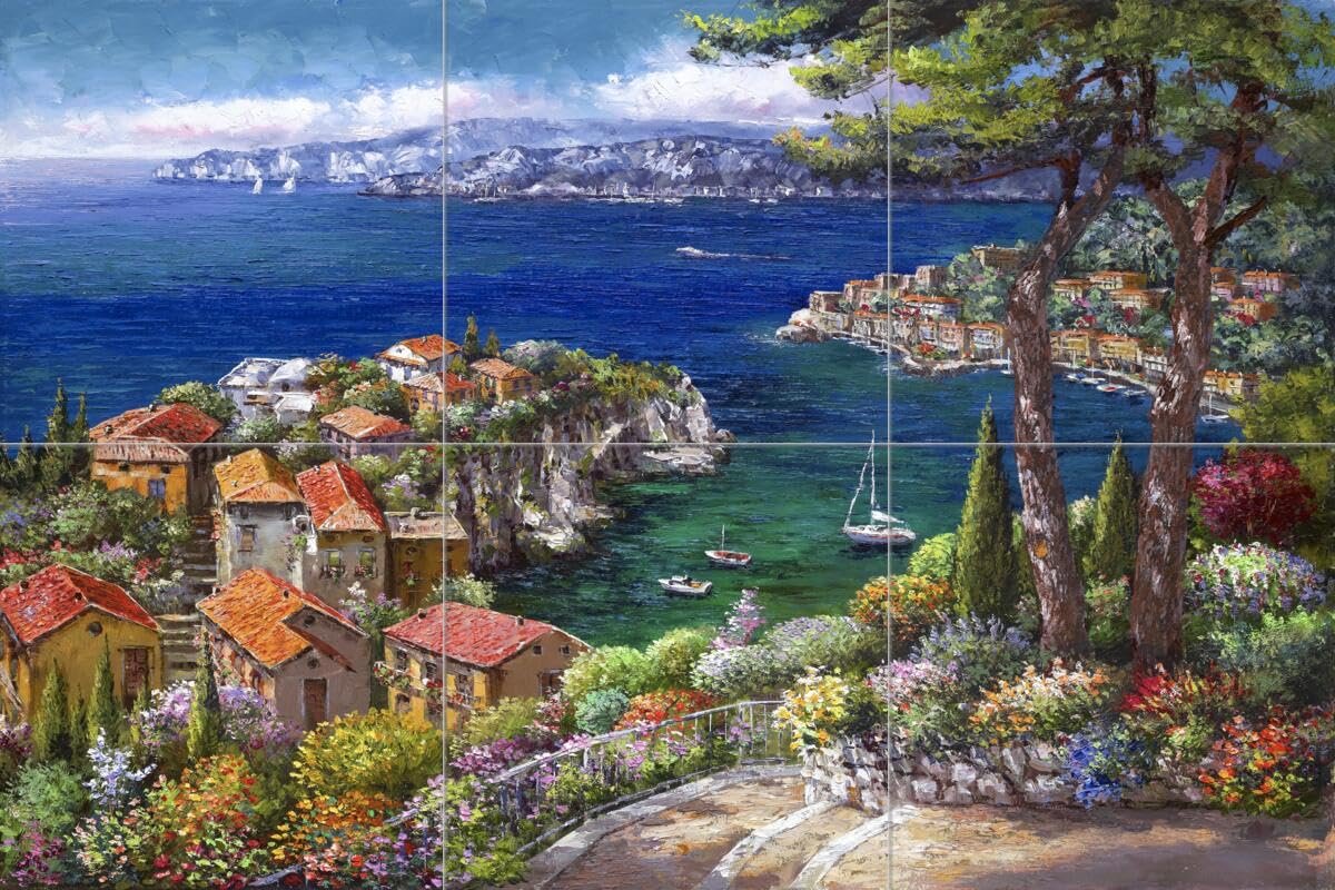Ceramic Backsplash Tile Mural - Water View Landscape Art for Kitchen, Bathroom & Shower - Cote d'Azur Design by Sam Park/Soho Editions - Perfect for Coastal & Modern Home Decor