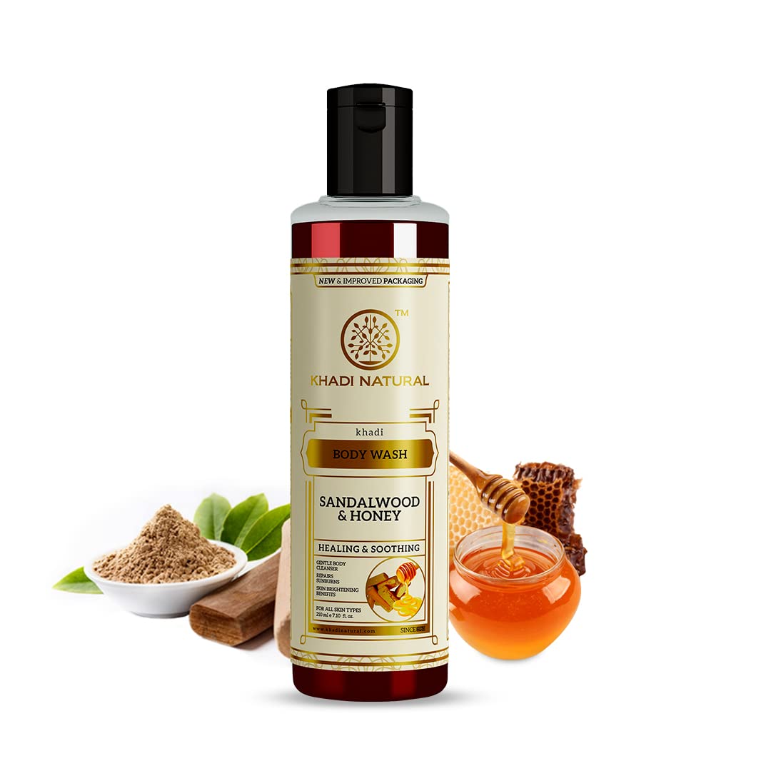 Khadi Natural Sandalwood & Honey Body Wash - Gentle Shower Gel for Healthy & Soft Skin | Soothes Sunburns | Hypoallergenic for All Skin Types | 210ml | Perfect for Daily Use, Spa Days & Post-Sun Care