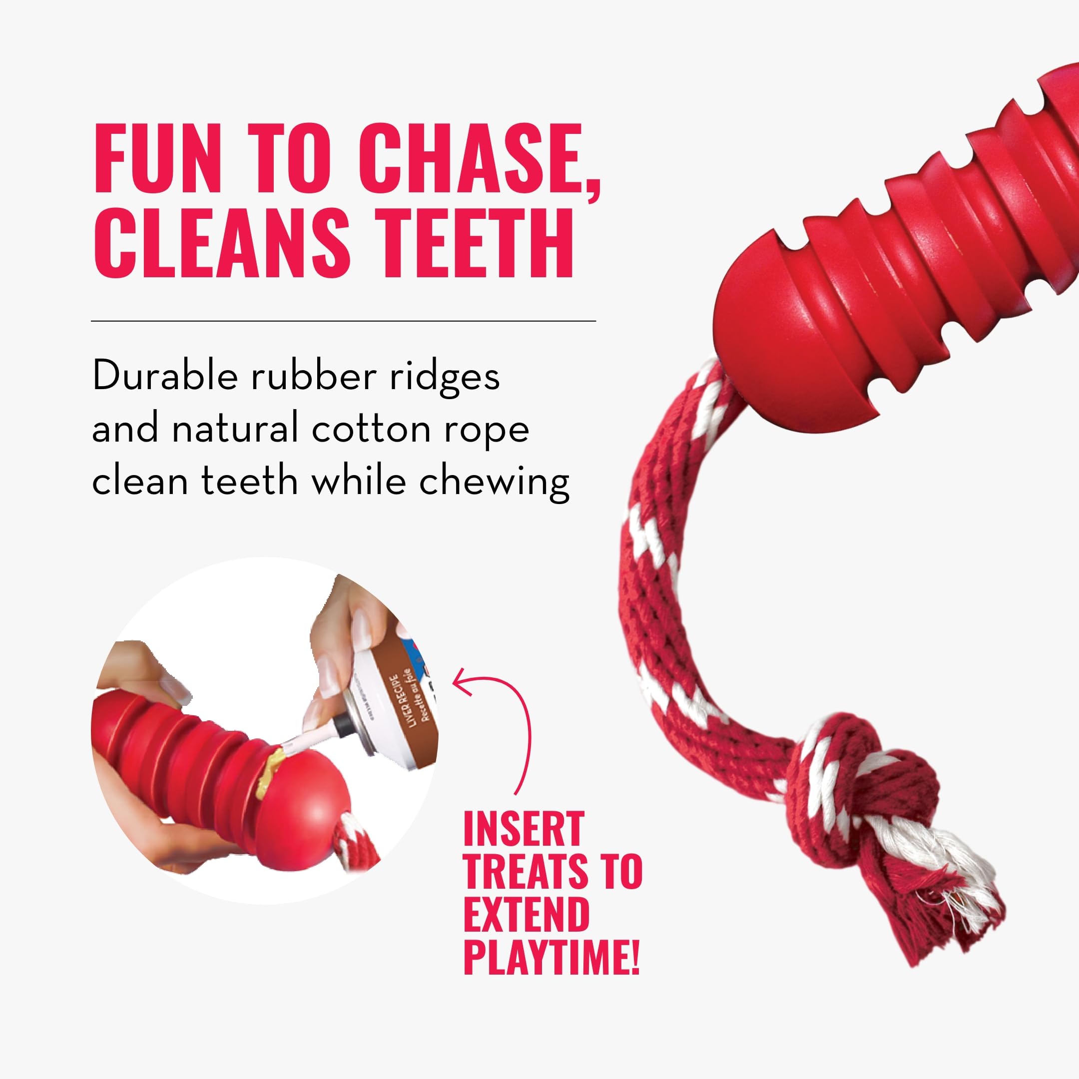 Durable KONG Dental Chew Toy with Rope for Medium Dogs - Natural Rubber Teething & Gum Cleaning Toy - Stuffable Interactive Dog Chew for Dental Care - Satisfies Chewing Instincts & Promotes Oral Health - Perfect for Playtime, Training Rewards and Anxiety Relief