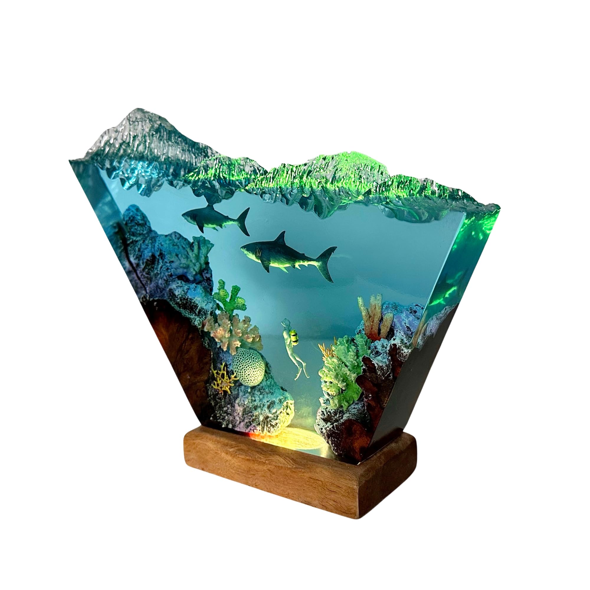 Handmade Great White Shark & Scuba Diver Resin Lamp - 12x6 Inch Deep Blue Ocean Epoxy Resin Night Light - Unique Valentine's Day Gift for Him/Her - Perfect for Bedroom, Living Room & Office Decor
