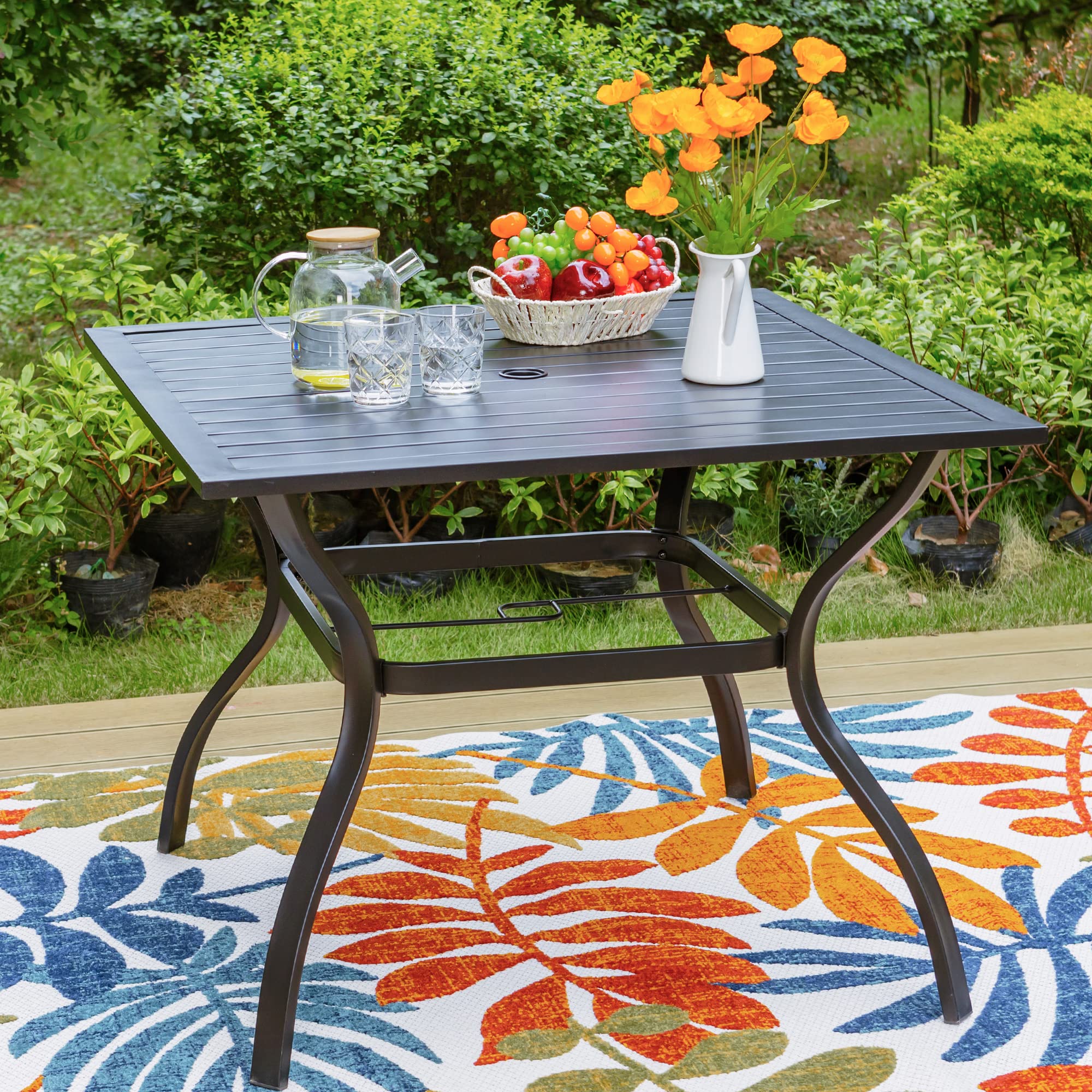 PHI VILLA 37 Inch Square Outdoor Dining Table for 4 - Weather-Resistant Metal Patio Table with E-Coating, Steel Slatted Design & 1.57