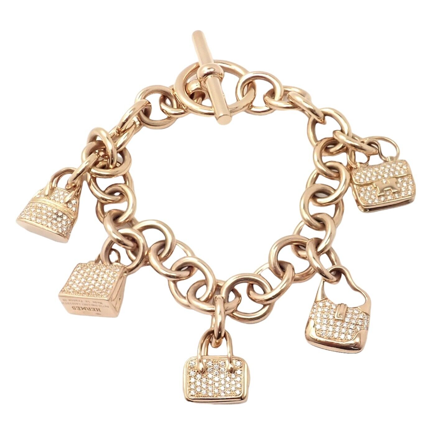 Authentic Hermes 18K Rose Gold Diamond Signature Iconic Bag Charm Link Bracelet - Luxury Jewelry Gift for Women, Perfect for Special Occasions & Everyday Elegance