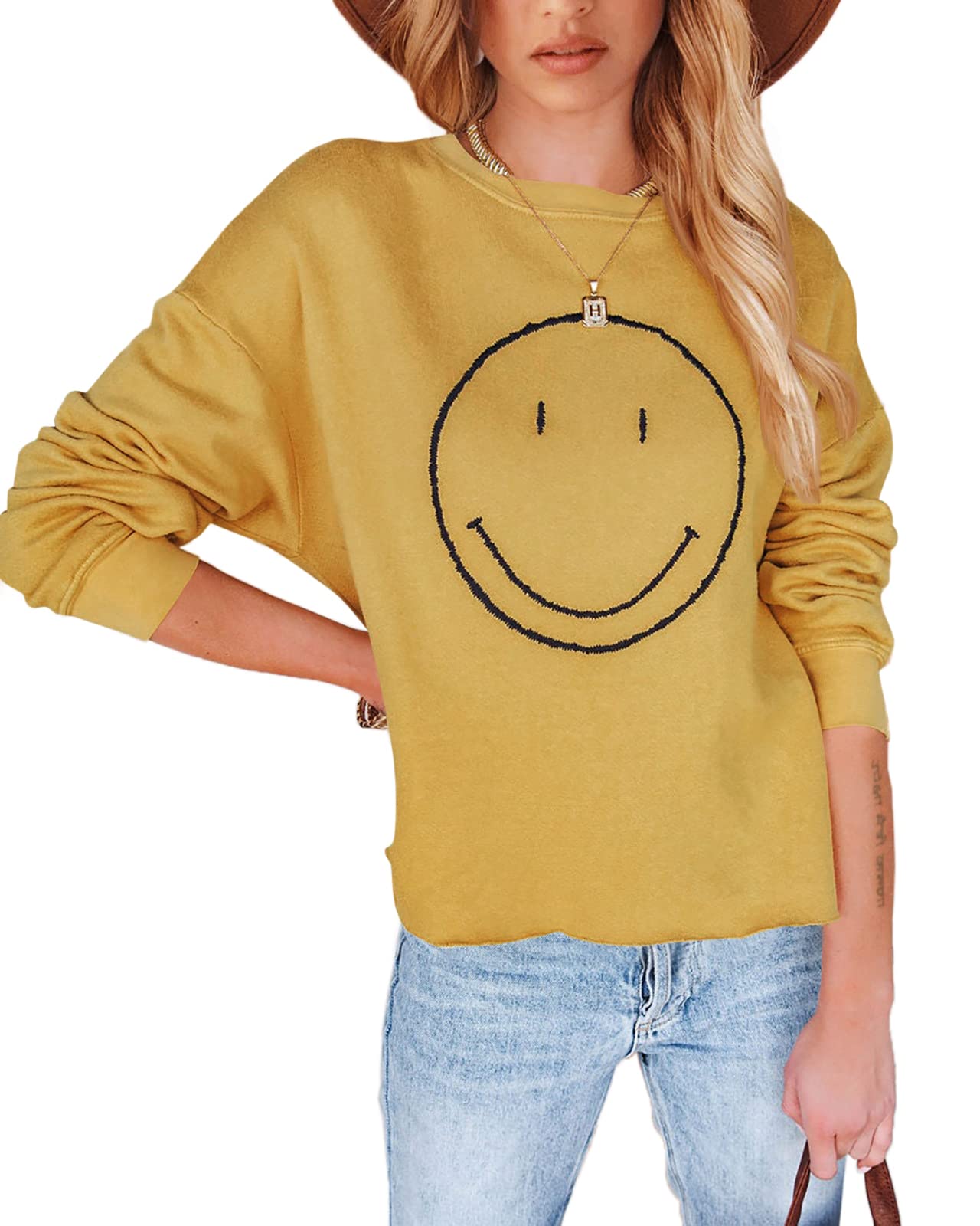 Women's Smiley Face Graphic Crewneck Sweatshirt - Casual Long Sleeve Pullover Top for Everyday Wear | Perfect for College, Outings & Relaxing at Home