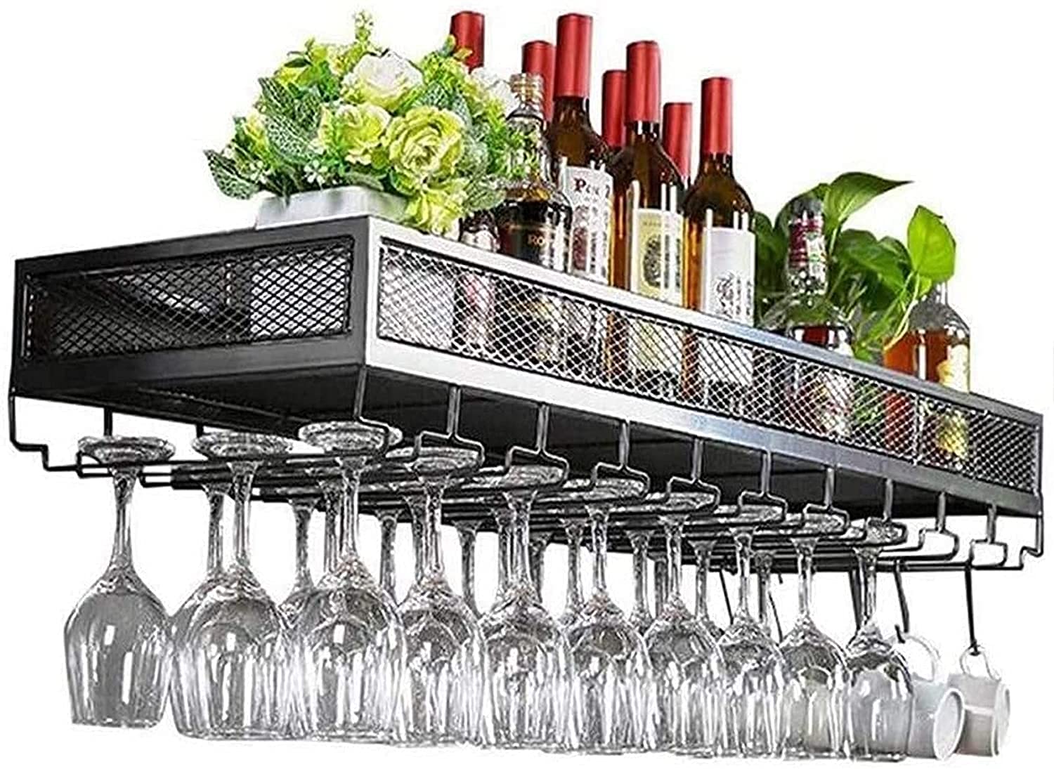 Floating Wine Rack Shelf - Black Wall Mounted Bar Storage for Bottles & Glasses (120x35cm) - Home & Bar Decor