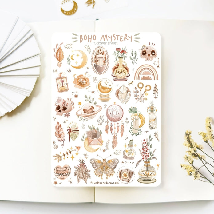 Boho Mystery Sticker Sheet - 50 Unique Decorative Stickers for Scrapbooking, Journaling, and DIY Crafts | Perfect for Planners, Laptops, and Water Bottles