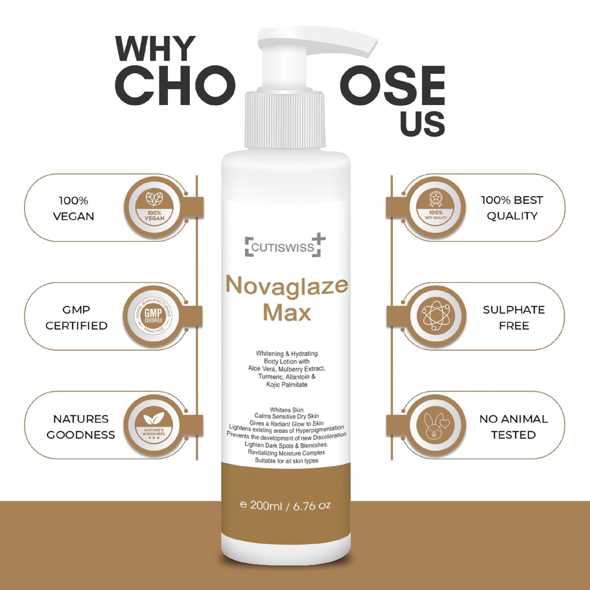 Cutiswiss Skin Whitening Body Lotion with Kojic Acid, Turmeric & Mulberry Extract | Brightening Moisturizer for Men & Women | 200ml | Daily Hydration for Even Skin Tone | Perfect for Face & Body Care Routine