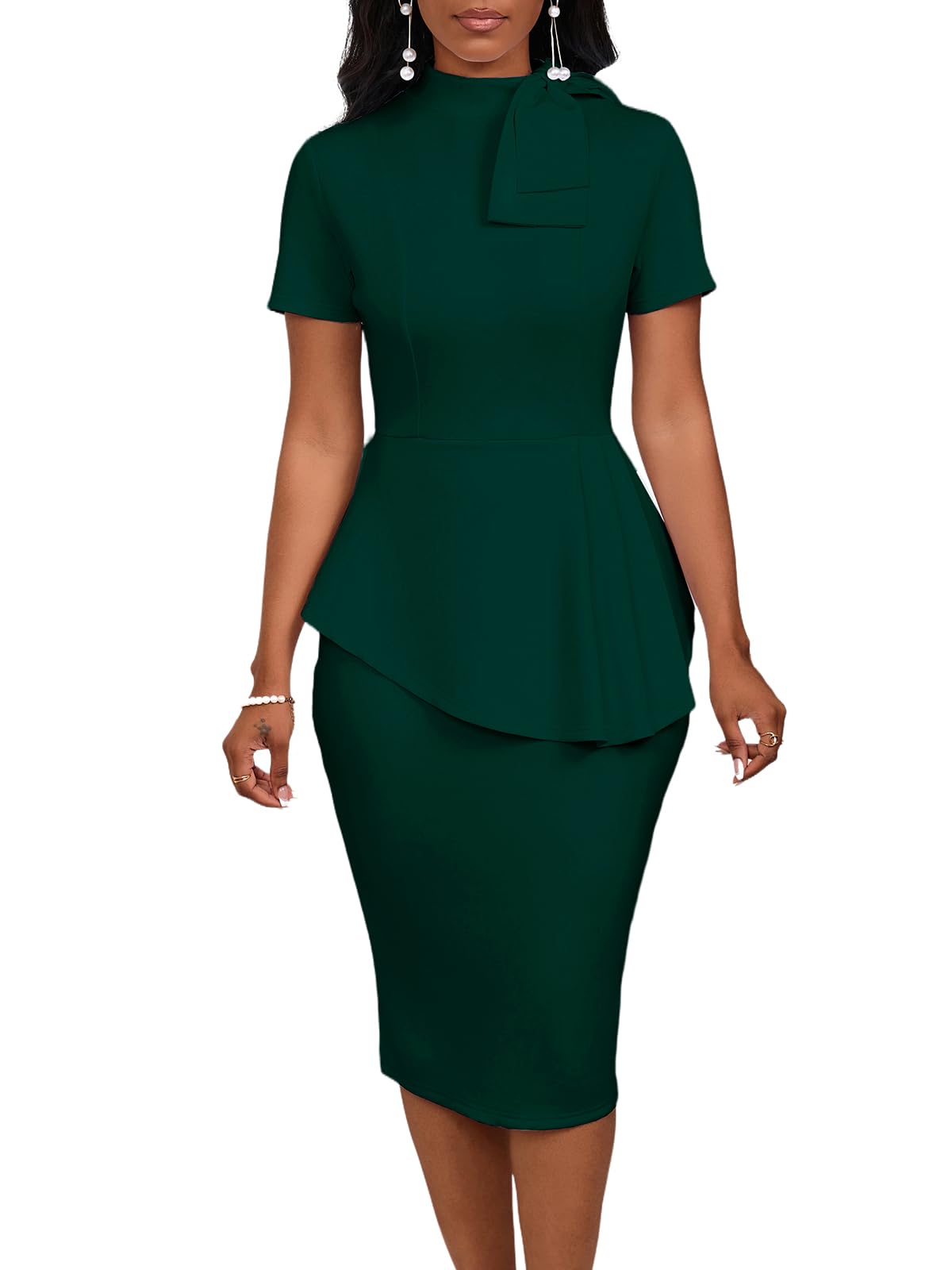 WanMem Women's Formal Bodycon Peplum Cocktail Dress - Short Sleeve Bow Ruffle Pencil Party Midi Dress for Evening Events, Weddings & Night Out