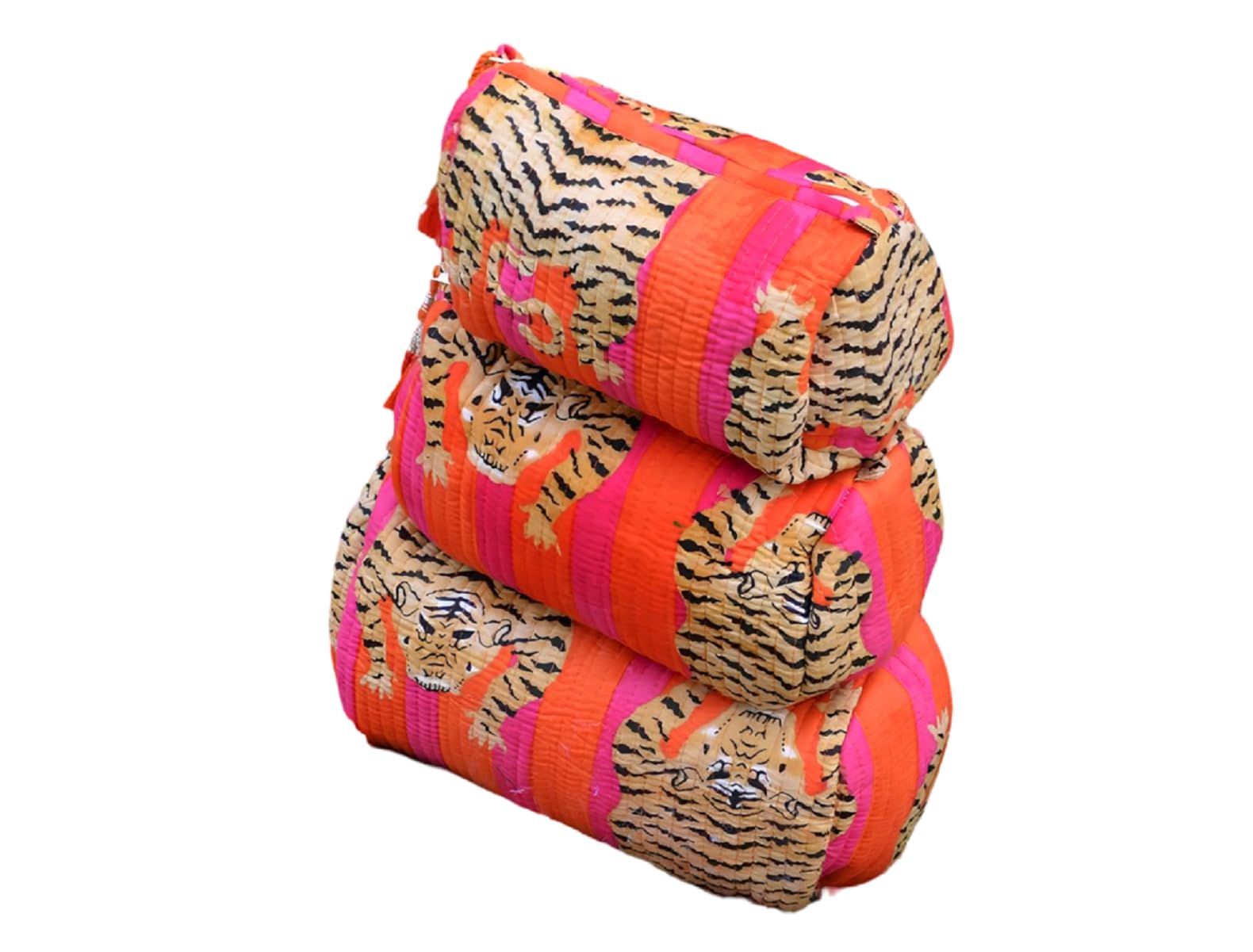 INDACORIFY Tiger Print Makeup Bag Set of 3 - Indian Cotton Toiletry Pouch, Quilted Cosmetic Travel Bag & Wash Bag for Women | Perfect for Travel, Gym, and Daily Organization
