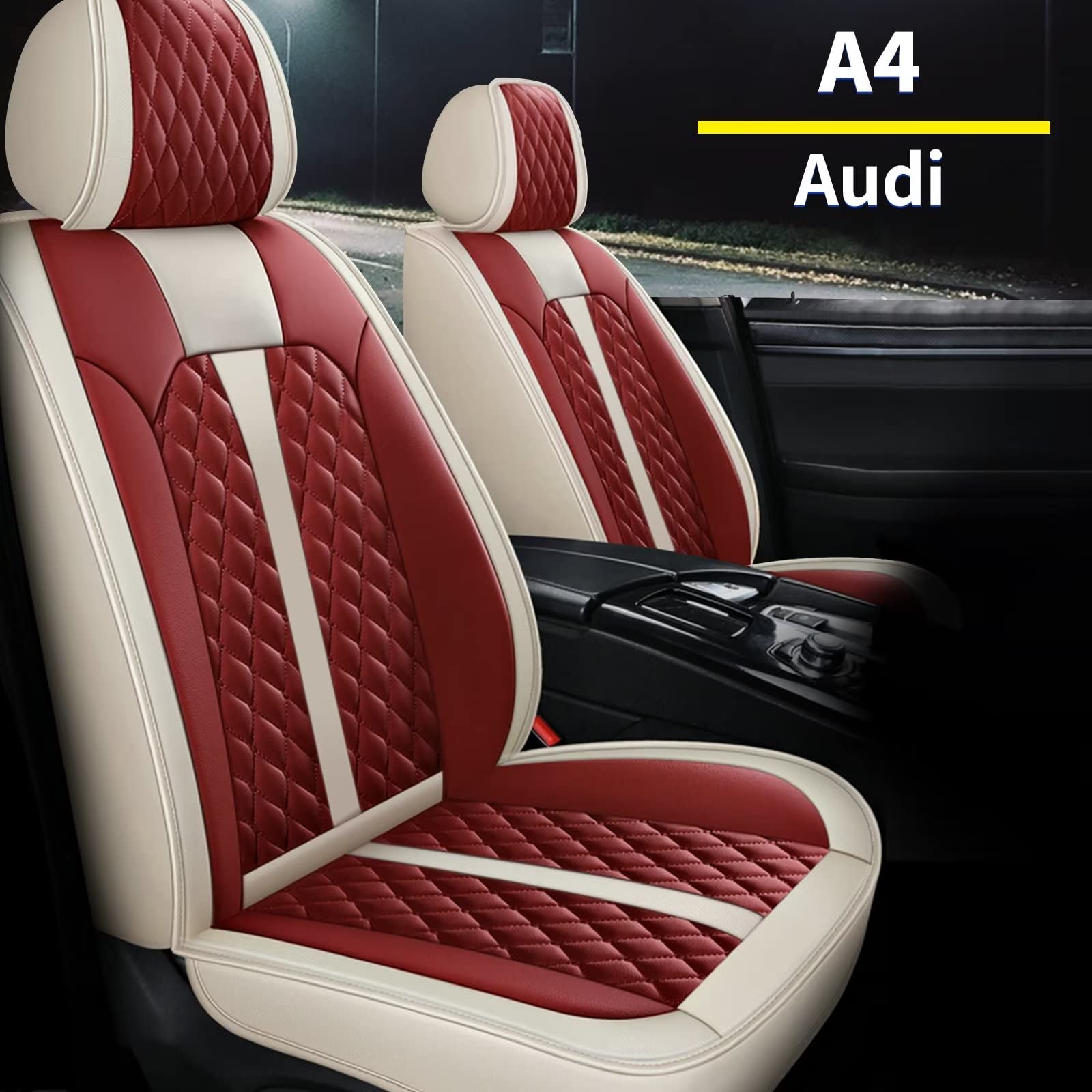 Premium Waterproof Faux Leather Seat Covers for Audi A4 (2007-2022) - 5-Piece Full Set with Airbag Compatibility - Beige & Red Car Interior Accessories - Perfect for Daily Commute, Road Trips & Car Protection