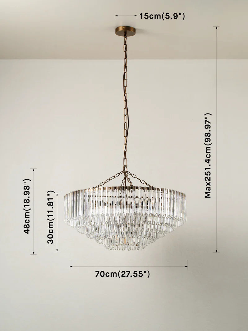 Vintage 9-Light Chandelier with Aged Brass Finish & Clear Glass Tubes - Elegant Dining Room Lighting for Farmhouse or Modern Decor
