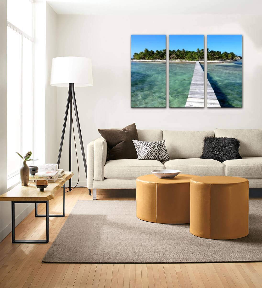 Belize Island Paradise Blue Tropical Seascape Canvas Wall Art - 3 Panel Beach Painting for Living Room & Bedroom Decor - Ocean Themed Home Wall Decor Posters | Perfect for Coastal, Boho & Vacation Style Interiors