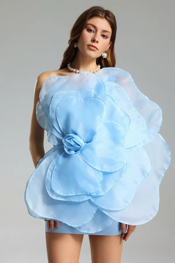3D Voluminous Organza Floral Mini Dress in Blue - Elegant Party Wear for Weddings, Prom & Special Occasions