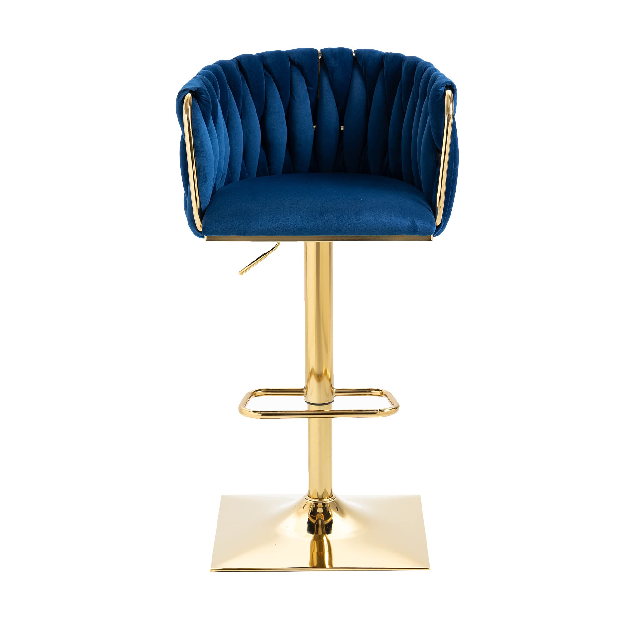 Modern Velvet Adjustable Bar Stool with 360-Degree Swivel - Curved Mid Back Kitchen Island Stool with Gold Square Base - Navy Blue (1 Pack) - Perfect for Home Bar, Kitchen Island & Dining Room Decor