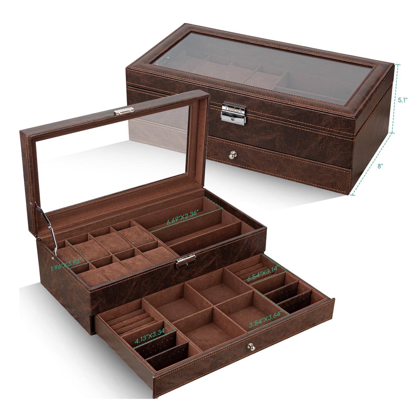 TomCare 2-Tier Watch Box with Lockable Glass Lid - Jewelry Organizer for Watches, Sunglasses, Rings, Necklaces & Bracelets - Premium Storage Case for Men & Women (Brown) - Perfect for Home Display, Travel & Gift Giving
