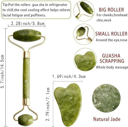 Natural Jade Roller & Gua Sha Set for Face Massage - 4-Piece Skincare Kit with Ice Roller & Hair Growth Tool | Reduce Puffiness, Improve Circulation, Glowing Skin | Perfect for Morning Routine & Spa Night