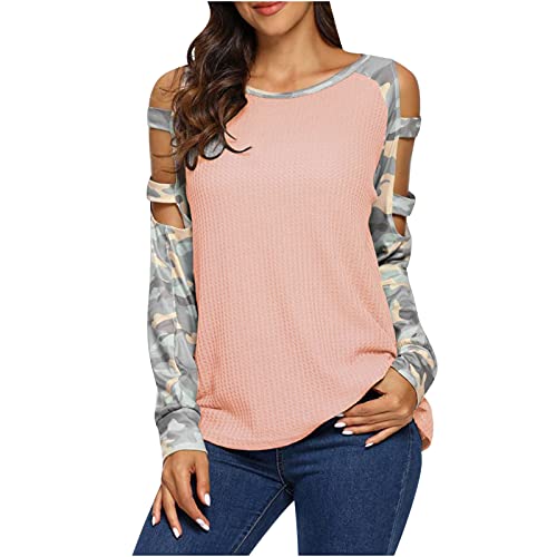 Women's Sexy Hollow Waffle Camo Tops - Fashion Casual Crewneck Cold Shoulder Long Sleeve Tee Shirts & Tunic Blouses for Fall | Perfect for Date Night, Streetwear & Layering Outfits
