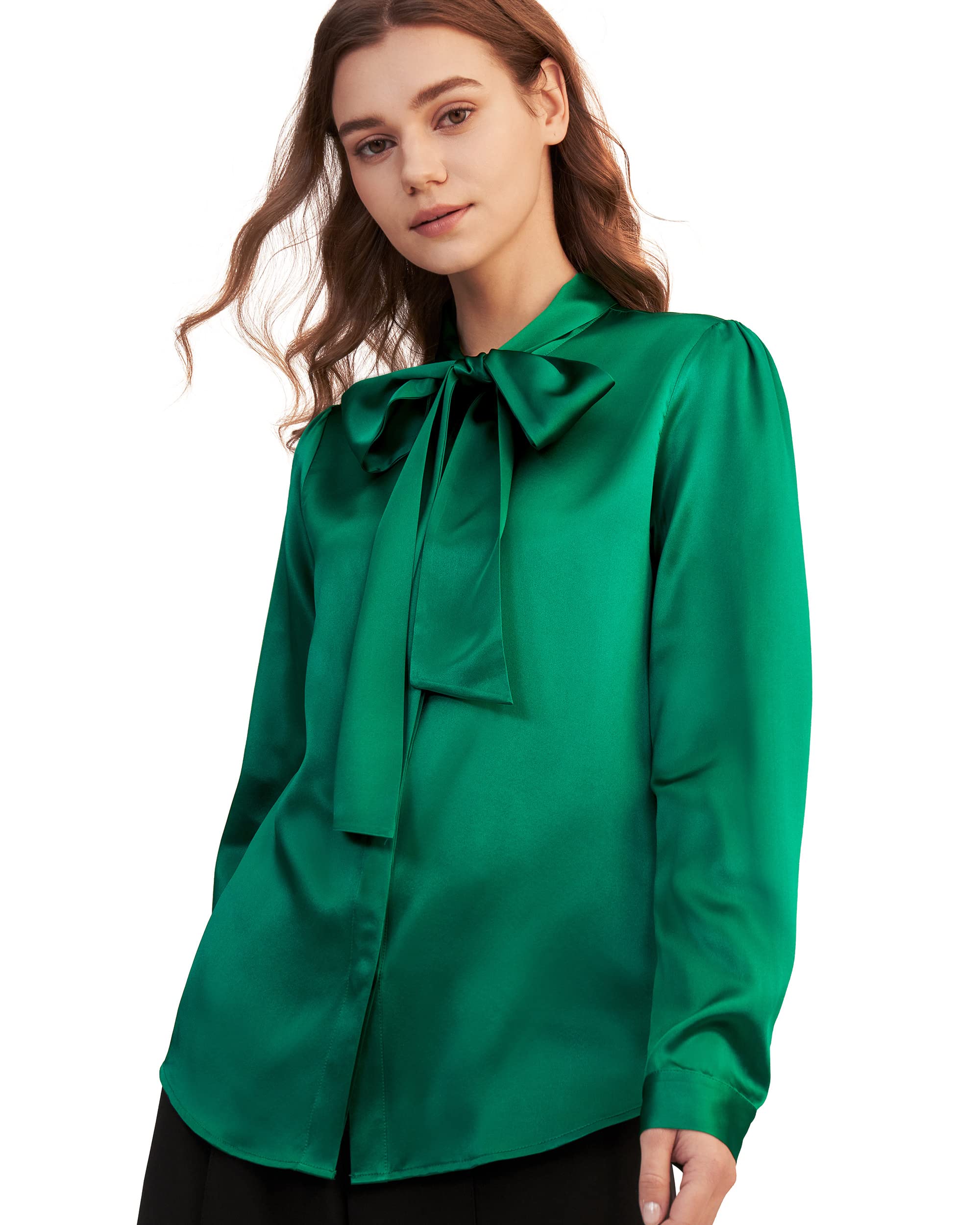 LilySilk Women's Vintage Bow-Tie Neck Silk Blouse - Long Sleeve Button Down Shirt with Real Silk Fabric for Work, Office & Special Occasions