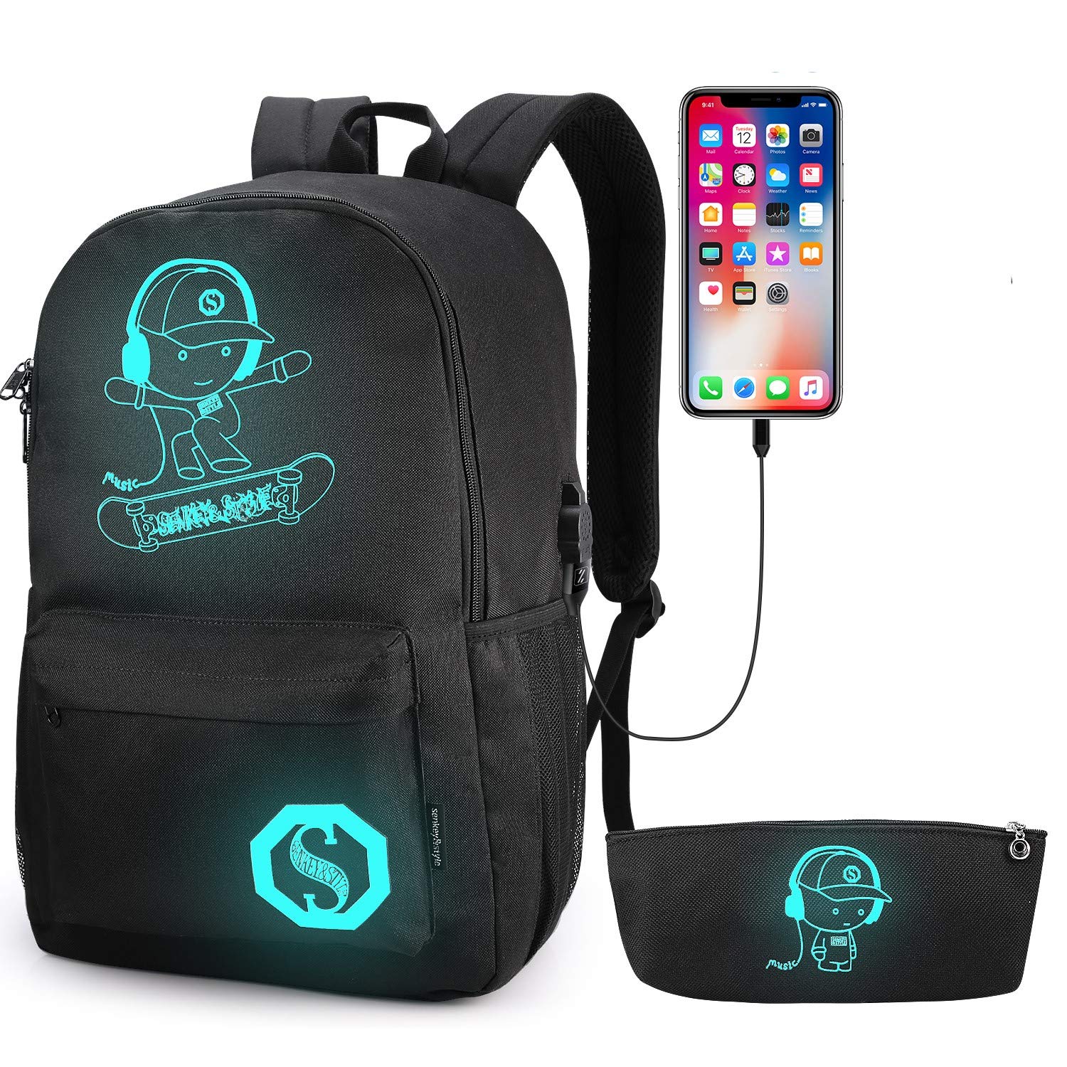 Skateboard Anime Luminous Backpack for Teen Boys - USB Charging Port, Anti-Theft Lock & Pencil Case - Lightweight College School Bookbag & Laptop Bag (Black) - Perfect for School, Travel & Skateboarding