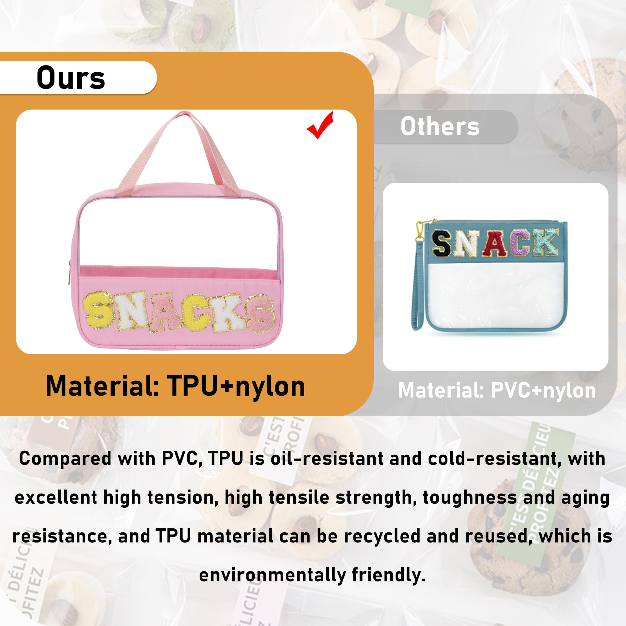Chenille Letter Snacks Bag - Clear TPU & Nylon Zipper Pouch with Handle for Travel, Makeup, Toiletries & Organizing | Multi-Purpose Cosmetic Bag for Women (Pink) | Perfect for School Lunches, Gym Essentials & Travel Accessories