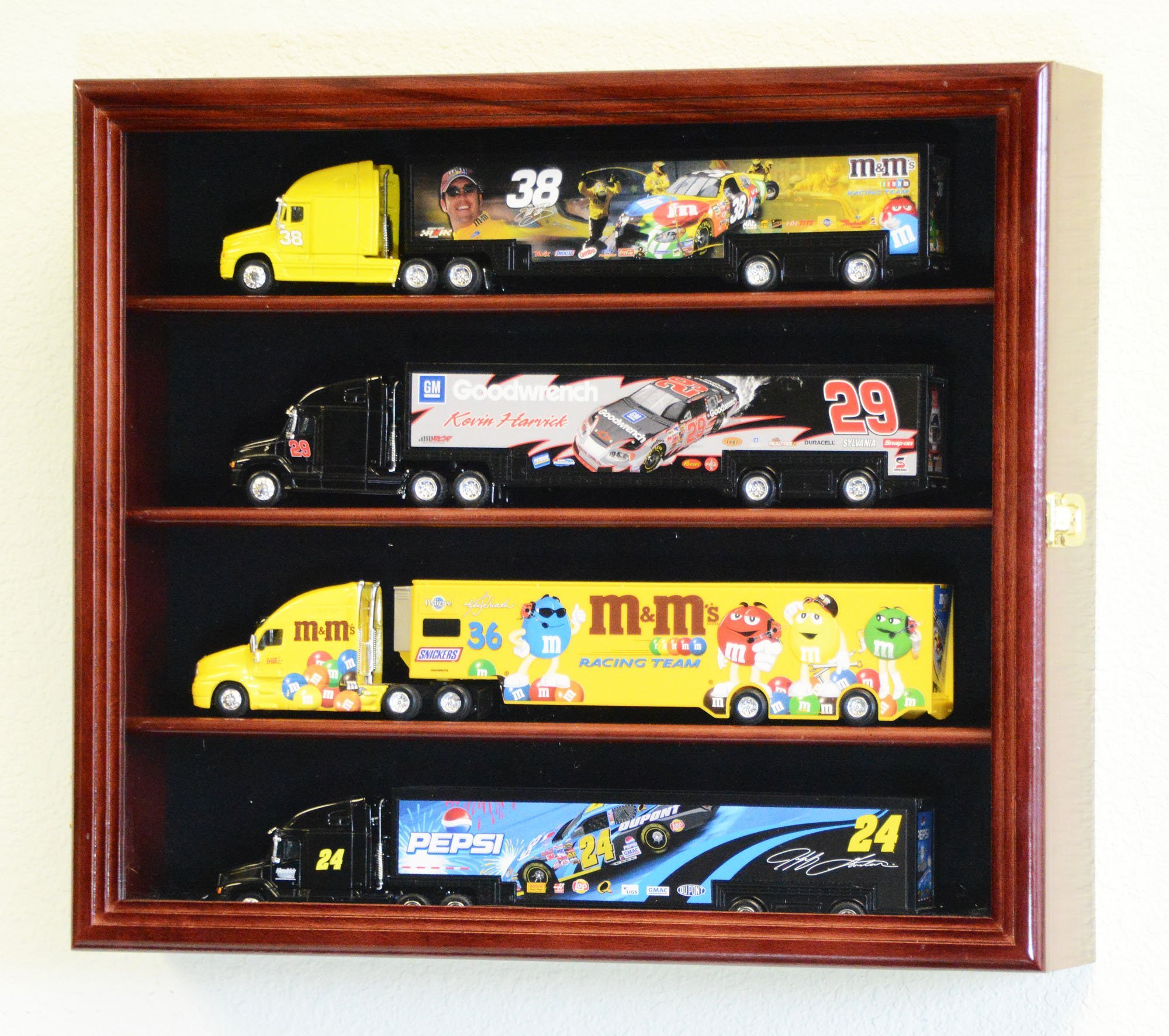 1:64 Scale Hot Wheels Semi Big Rig Trailer Truck Display Case Cabinet - Holds 4 Die-Cast Model Cars - Cherry Finish Wooden Showcase for Collectors - Perfect for Home Office, Man Cave or Gift Display