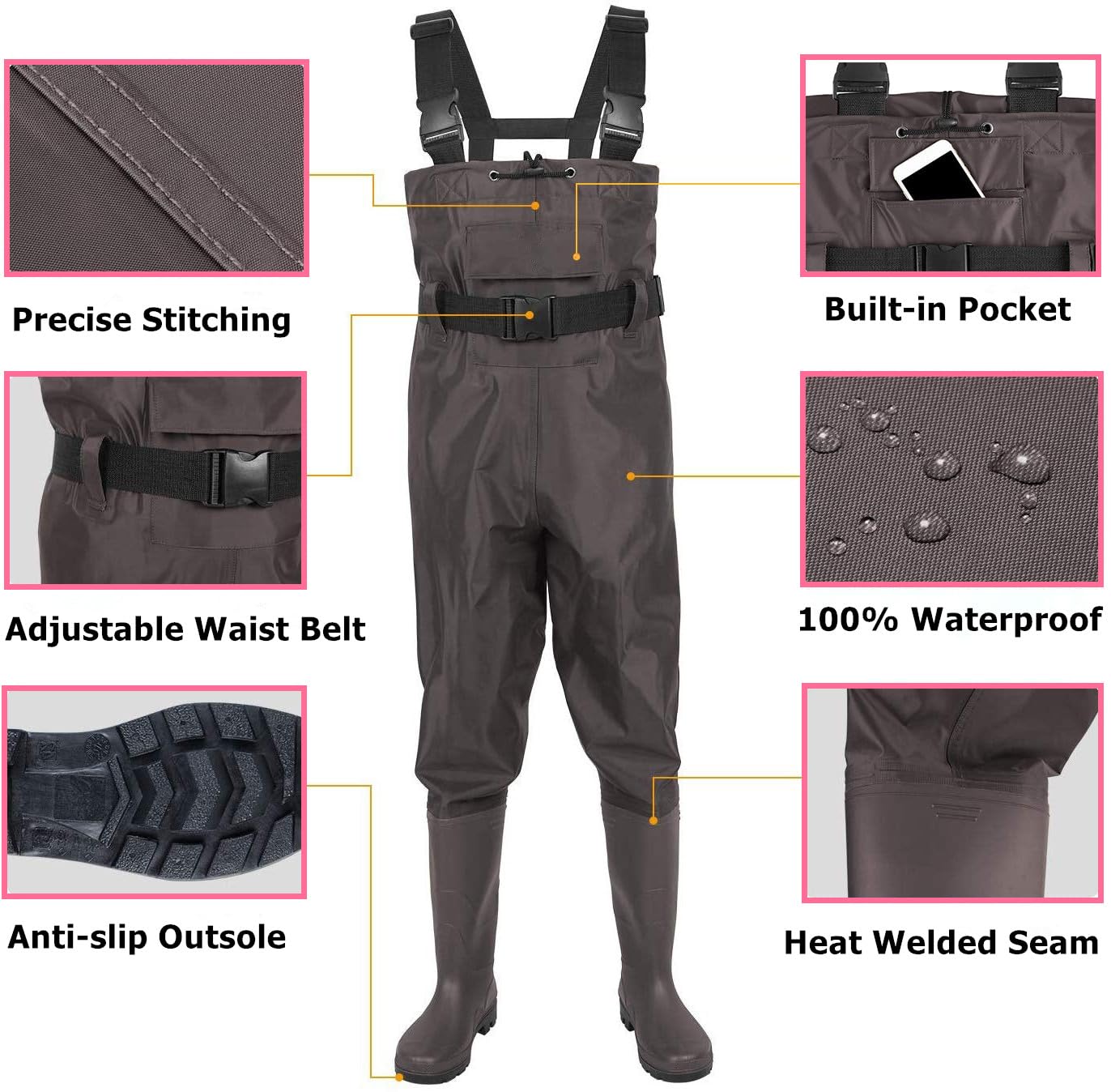 Waterproof Bootfoot Chest Waders for Men & Women - 3-Ply Nylon/PVC Fishing Waders - Ideal for Fly Fishing, Duck Hunting & Outdoor Water Activities