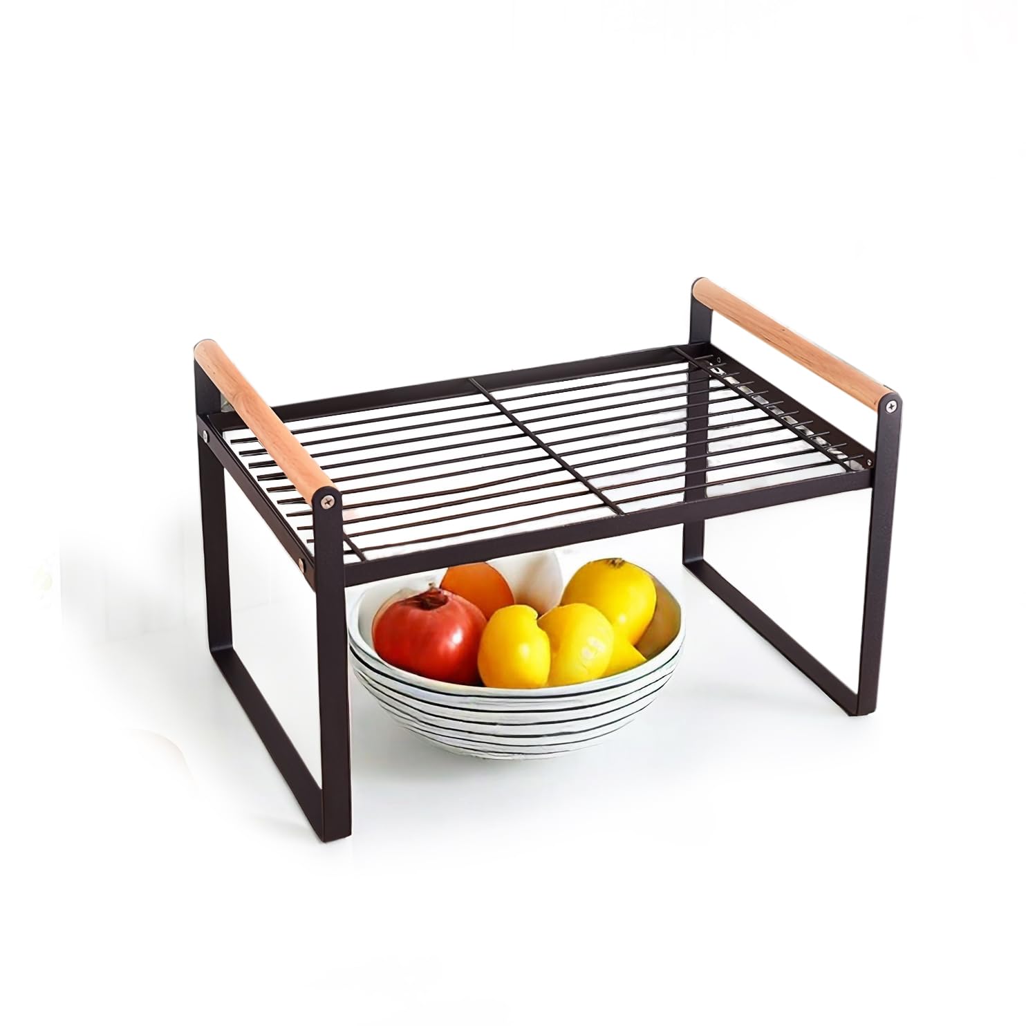 TIEYIPIN Cabinet Organizer Shelf - Kitchen Counter Storage Rack with Wooden Handle, 2-Tier Iron Wire Shelf for Bowls, Dishes & Spices - Space Saving Organizer for Pantry, Bathroom or Office (Black, 1 Pack)