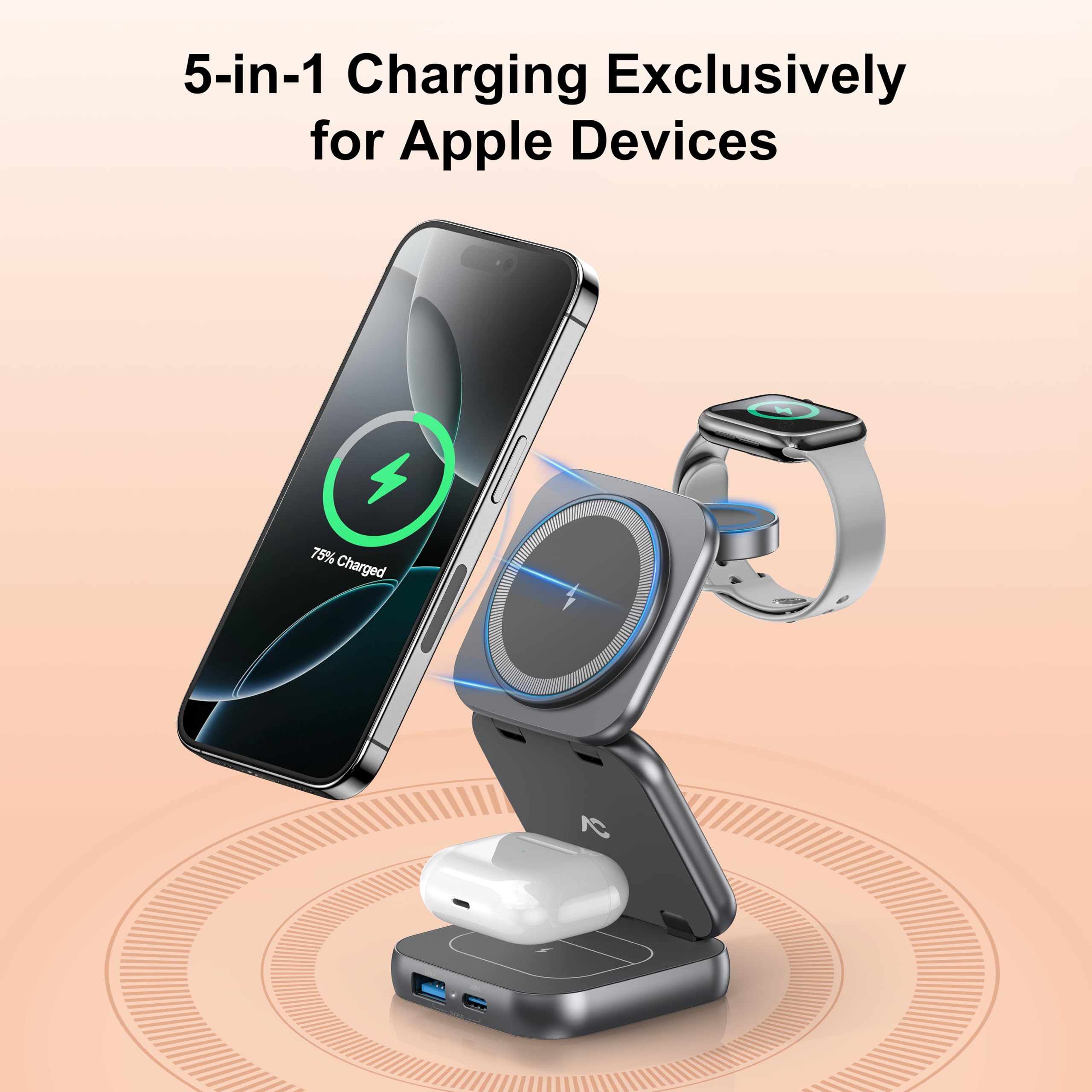 5-in-1 Magnetic Wireless Charging Station for iPhone 16/15/14/13 Series - 15W Fast Charging Foldable Stand with AC Island Design - Compatible with Apple Watch & AirPods (Includes 35W Adapter) - Perfect for Home, Office & Travel Charging Needs