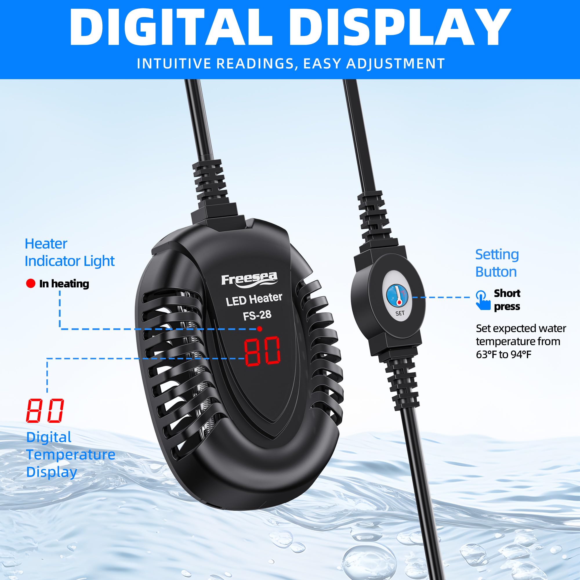 FREESEA 75W Aquarium Heater - Adjustable Submersible Fish Tank Heater for Betta, Turtle, Saltwater & Freshwater (5-15 Gallon) | External Temperature Controller | Perfect for Home & Office Aquariums