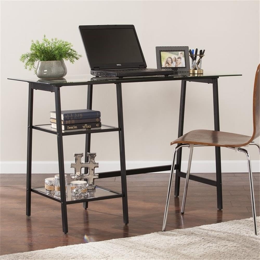 Southern Enterprises SEI Avery Black Metal Writing Desk with Glass Top - Modern Home Office Desk for Small Spaces, Study & Work