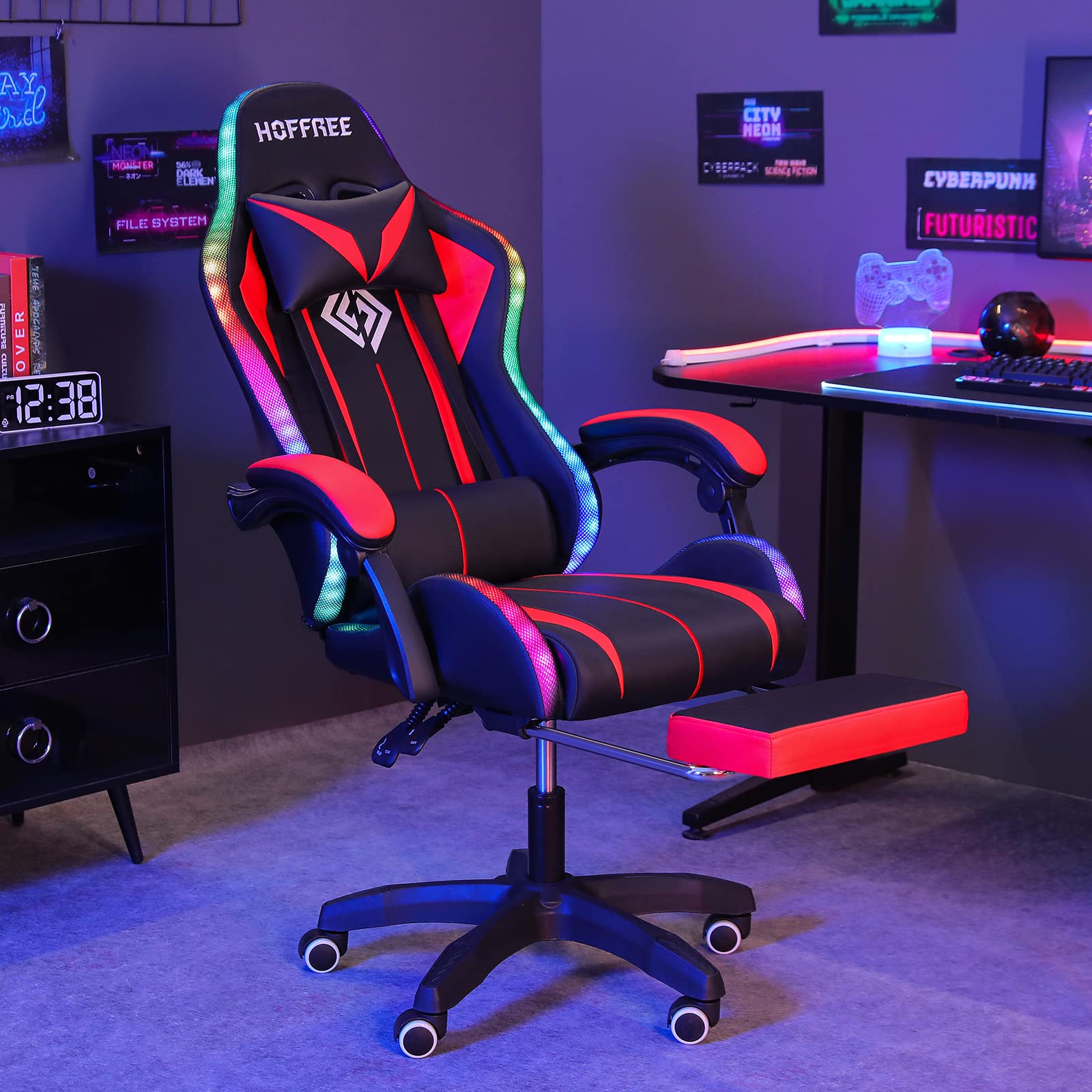 Ergonomic Gaming Chair with Massage, RGB LED Lights & Adjustable Footrest - High Back Computer Chair with Lumbar Support (Red/Black) for Esports, Streaming & Office Work