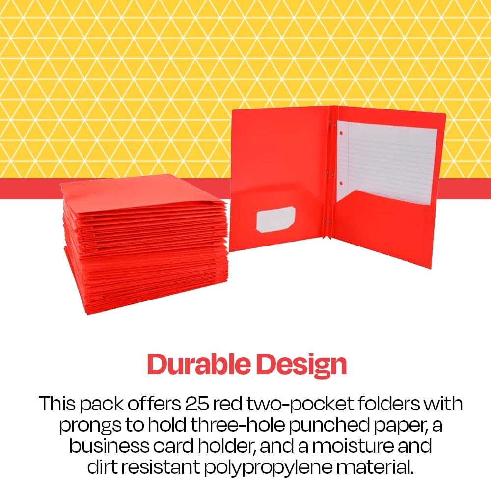 School Smart 2-Pocket Poly Folders with Fasteners - Red (Pack of 25) - Durable Plastic Folders for Classroom Organization, Homework, and Document Storage