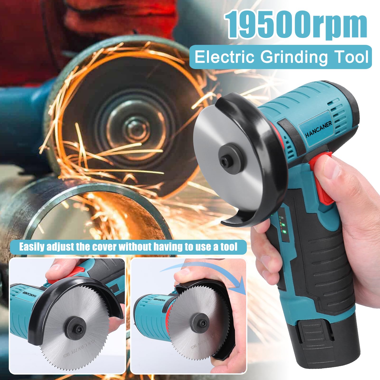 Hancaner 12V Cordless Angle Grinder with 2PCS 2000mAh Battery | 19500 RPM Mini Electric Grinder for Cutting, Polishing & Grinding | Perfect for Tile, Wood, Stone & Metal Work | DIY Projects & Professional Use