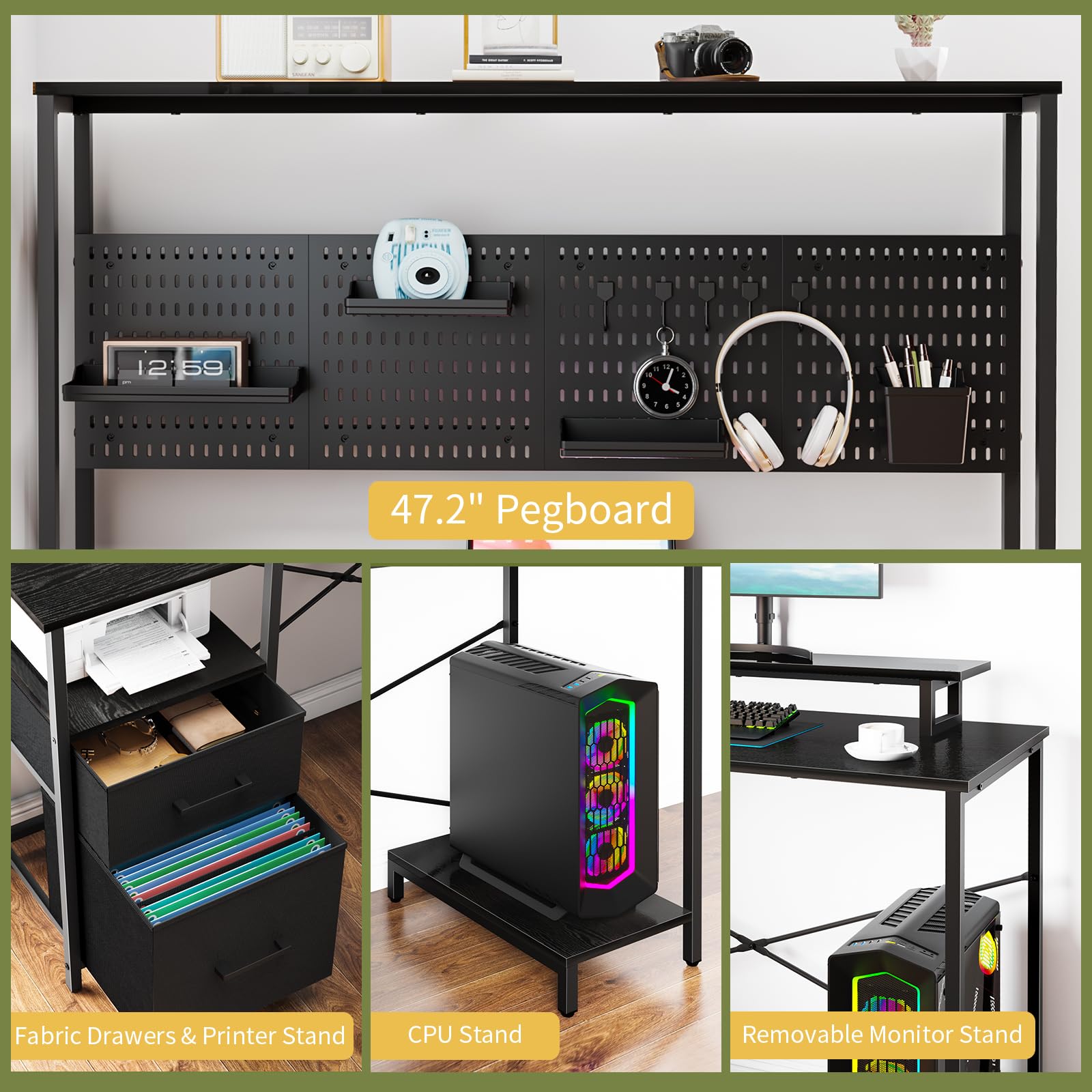 Yoobure L-Shaped Desk with Pegboard & LED Lights - Reversible Computer Desk with Drawers, Storage Shelves & Power Outlets - Gaming & Office Desk with Monitor Stand - Perfect for Home Office, Study & Workspace Setup