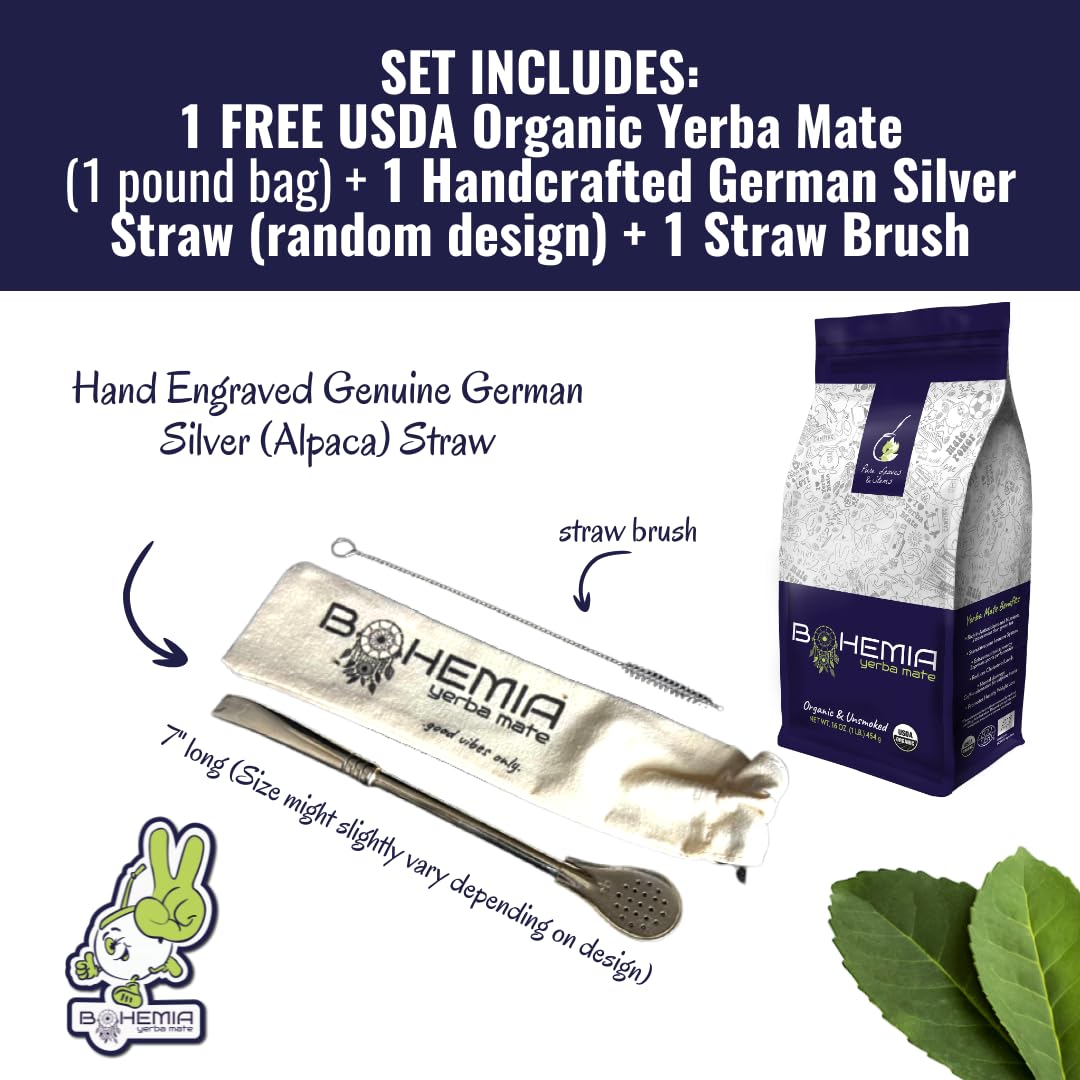 Organic Yerba Mate Tea Set - 1lb Bag, Silver Straw & Brush - High Caffeine Energy Booster for Workouts & Focus