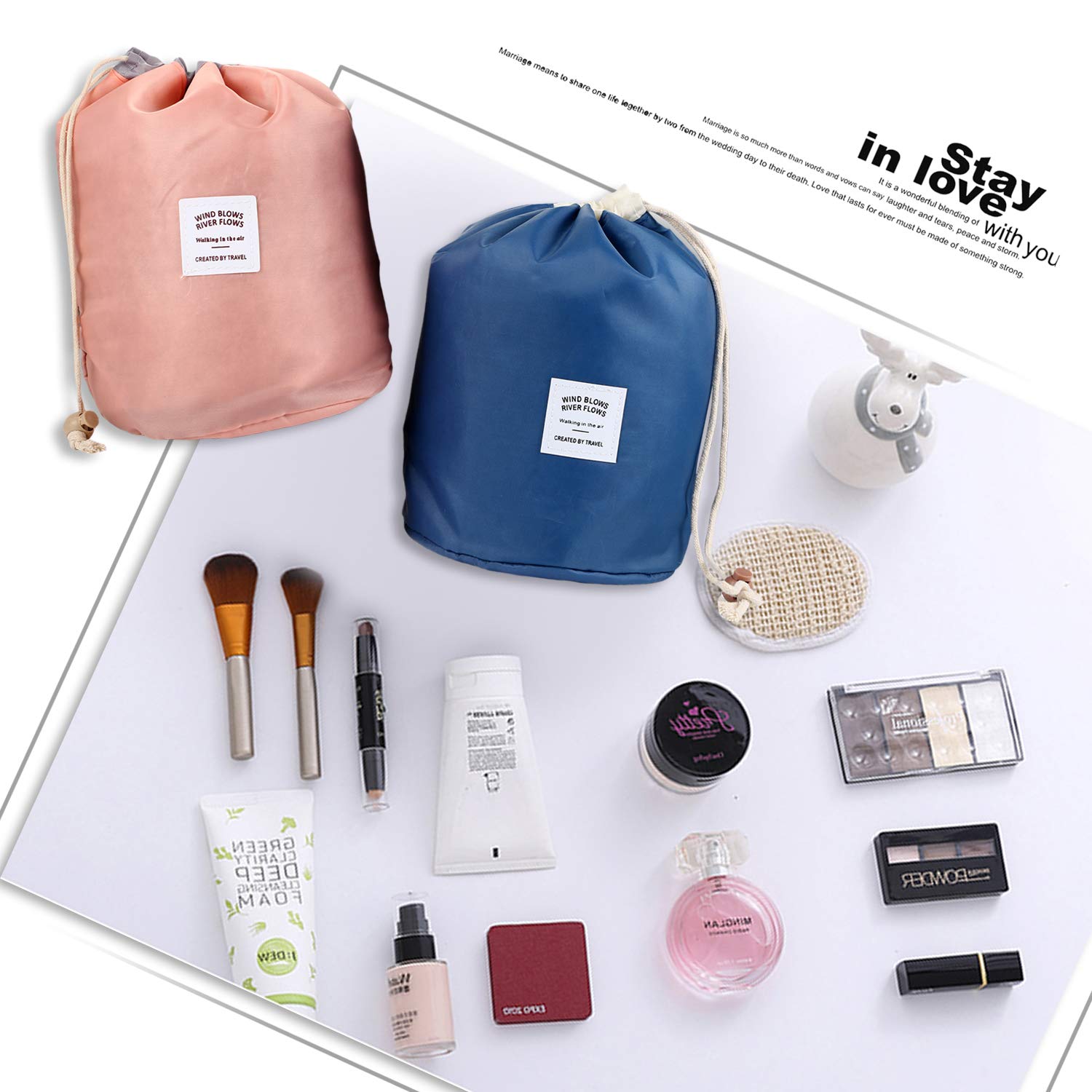 Vtrem 2 Pack Waterproof Foldable Drawstring Cosmetic Bags - Portable Travel Makeup & Toiletry Organizer Set for Women (Pink + Blue) | Ideal for Gym, Beach, Camping & Daily Bathroom Storage