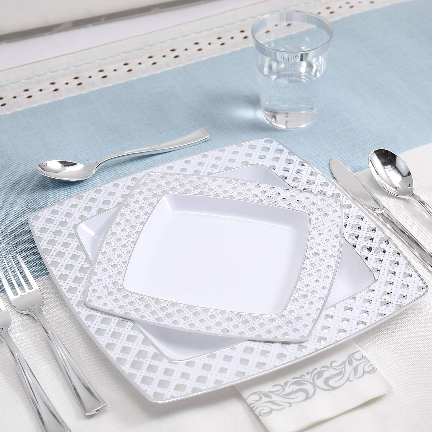 FOCUSLINE 175-Piece Silver Disposable Dinnerware Set for 25 Guests - Elegant Square Plastic Plates with Diamond Design - Includes 25 Dinner Plates, 25 Dessert Plates, 25 Napkins, 25 Cups & 25-Piece Silverware Set - Perfect for Weddings, Parties, Catering & Special Events