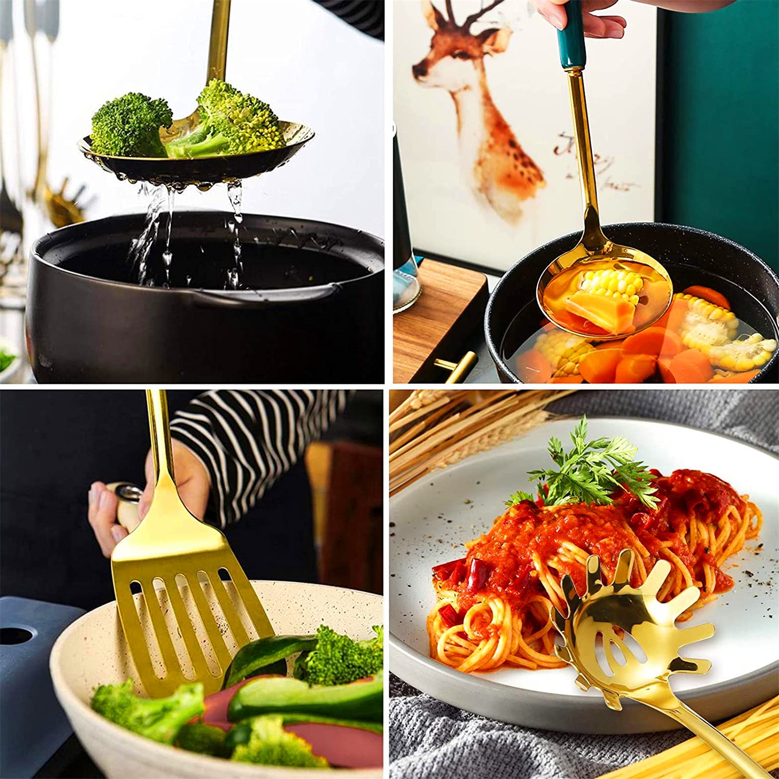 Premium 6-Piece Cooking Utensils Set with Holder - Stainless Steel Soup Ladle, Spatula, Slotted Turner, Skimmer Spoon & Rice Paddle - Nordic Style Kitchen Tools for Cooking, Frying & Serving - Perfect for Home Chefs & Professional Kitchens