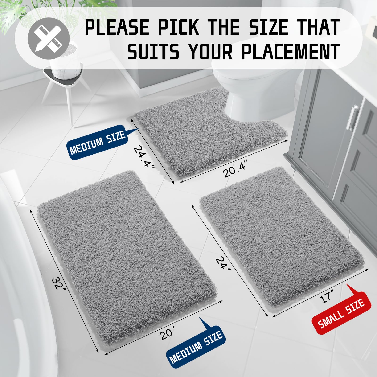 Yimobra Ultra Soft Bath Rugs 32x20 Inches - Water Absorbent Non-Slip Shower Mats, Plush Microfiber Bathroom Floor & Tub Mats, Machine Washable - Pure Gray for Cozy Bathroom Comfort