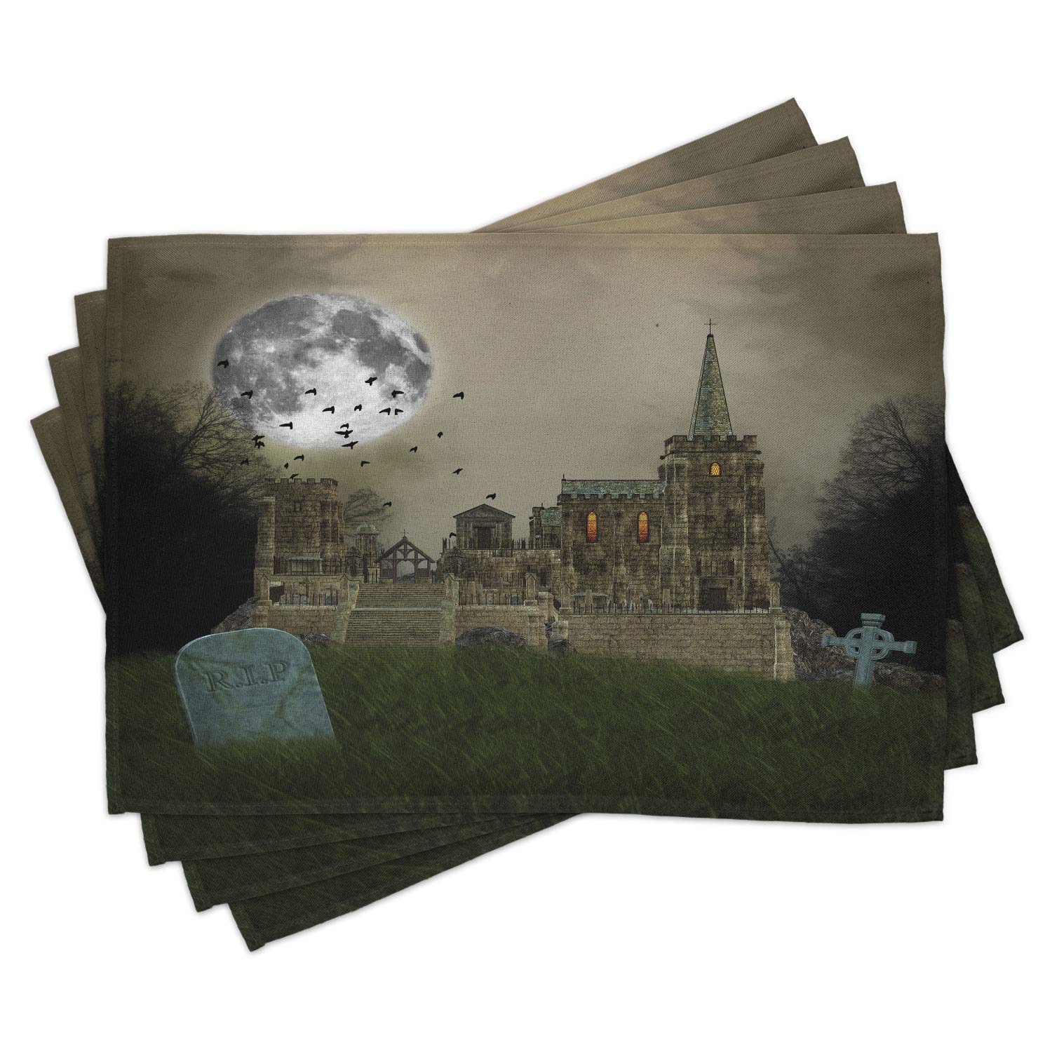 Ambesonne Gothic Placemats Set of 4 - Vintage Horror Art with Medieval Castle, Full Moon & Birds - Washable Fabric Table Mats for Dining Room & Kitchen Decor (Beige & Green) - Perfect for Halloween, Gothic Themed Parties & Dark Aesthetic Home Decor