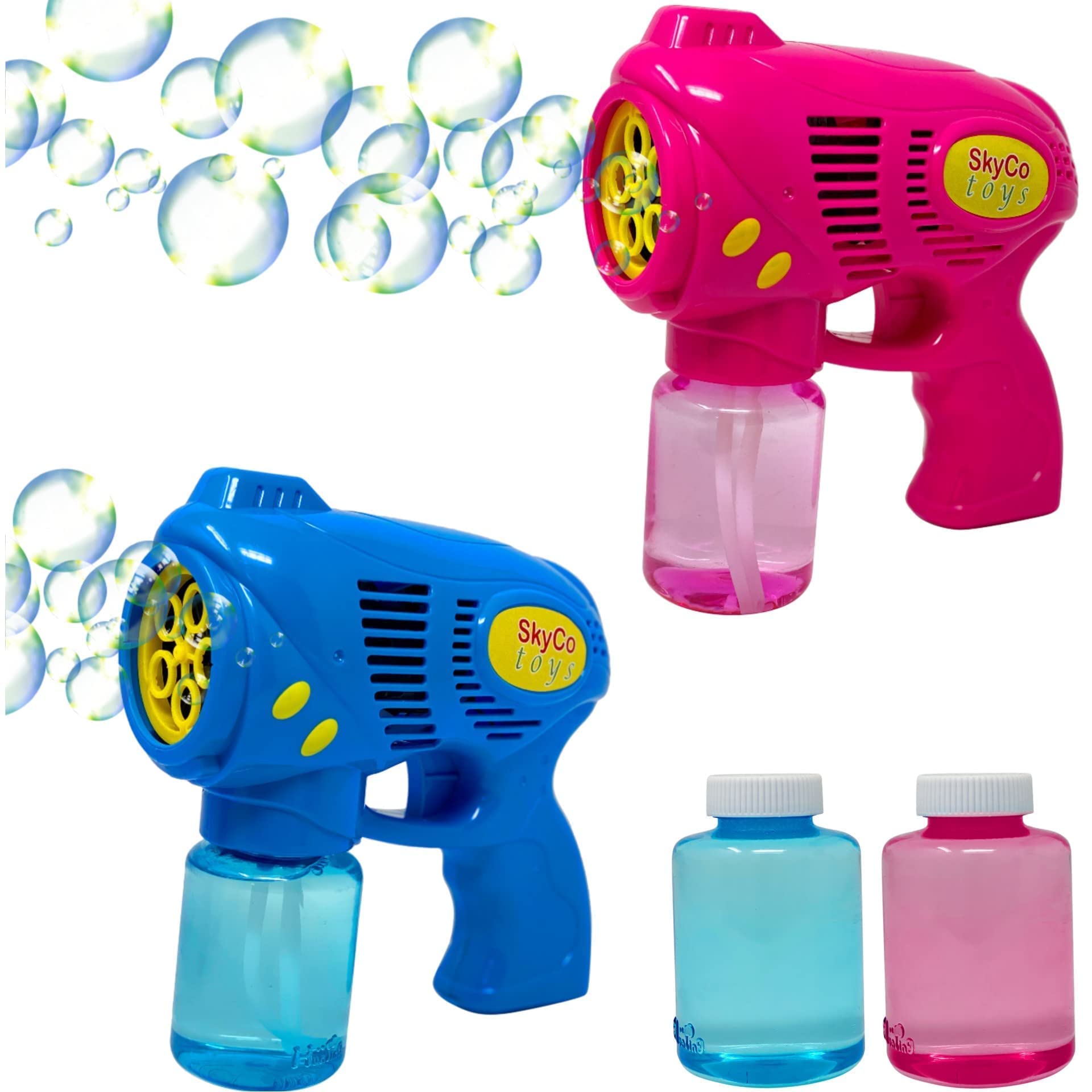 SkyCo Bubble Guns for Kids - 2pcs Pink & Blue Bubble Blasters for Outdoor Play & Parties