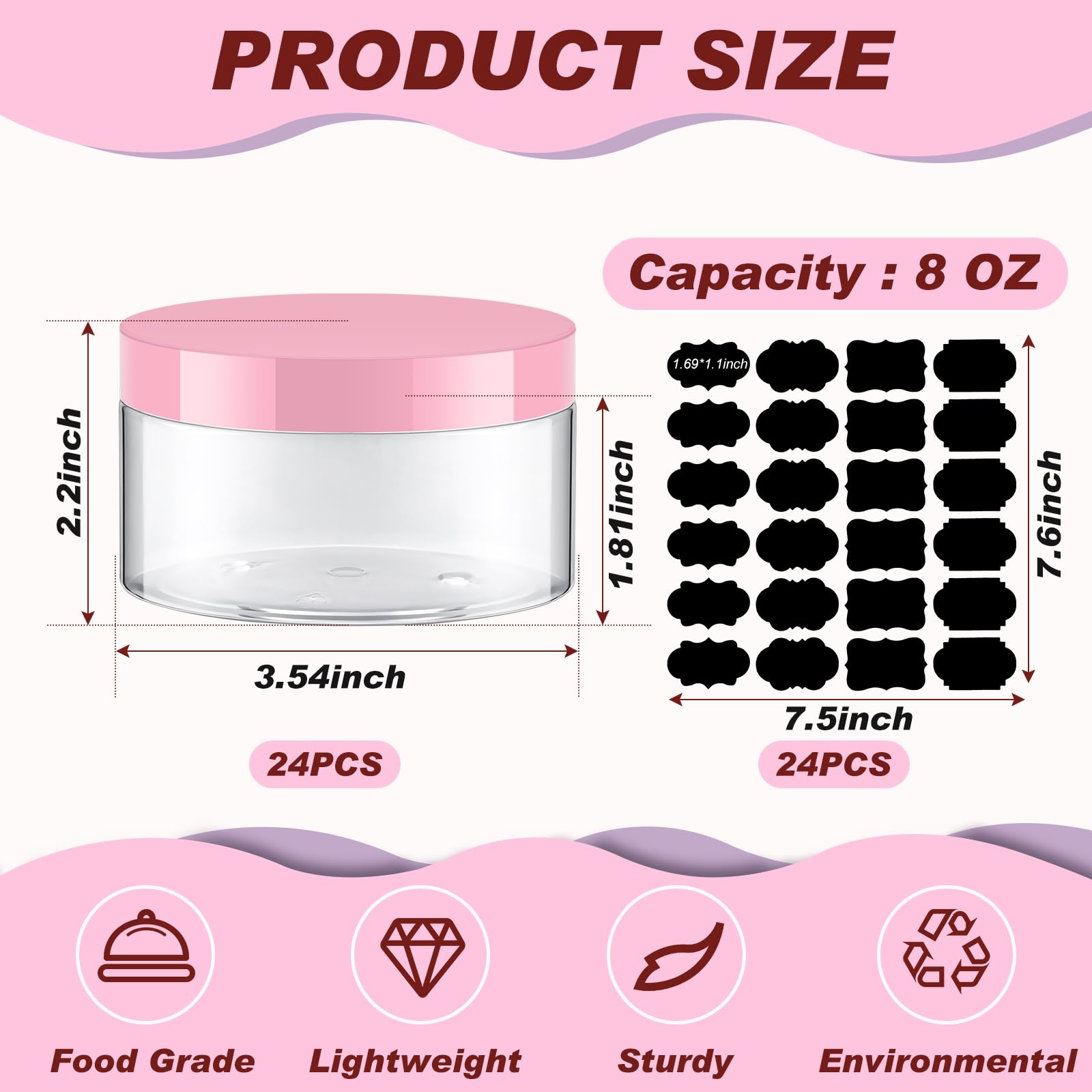 Dandat 24 Pack 8 oz Plastic Jars with Lids - Leak Proof PET Cosmetic Containers for Lotion, Cream, Gel & Powder - Refillable Travel Storage Jars (Clear with Pink Lid) | Perfect for DIY Beauty, Skincare Products & Travel Essentials