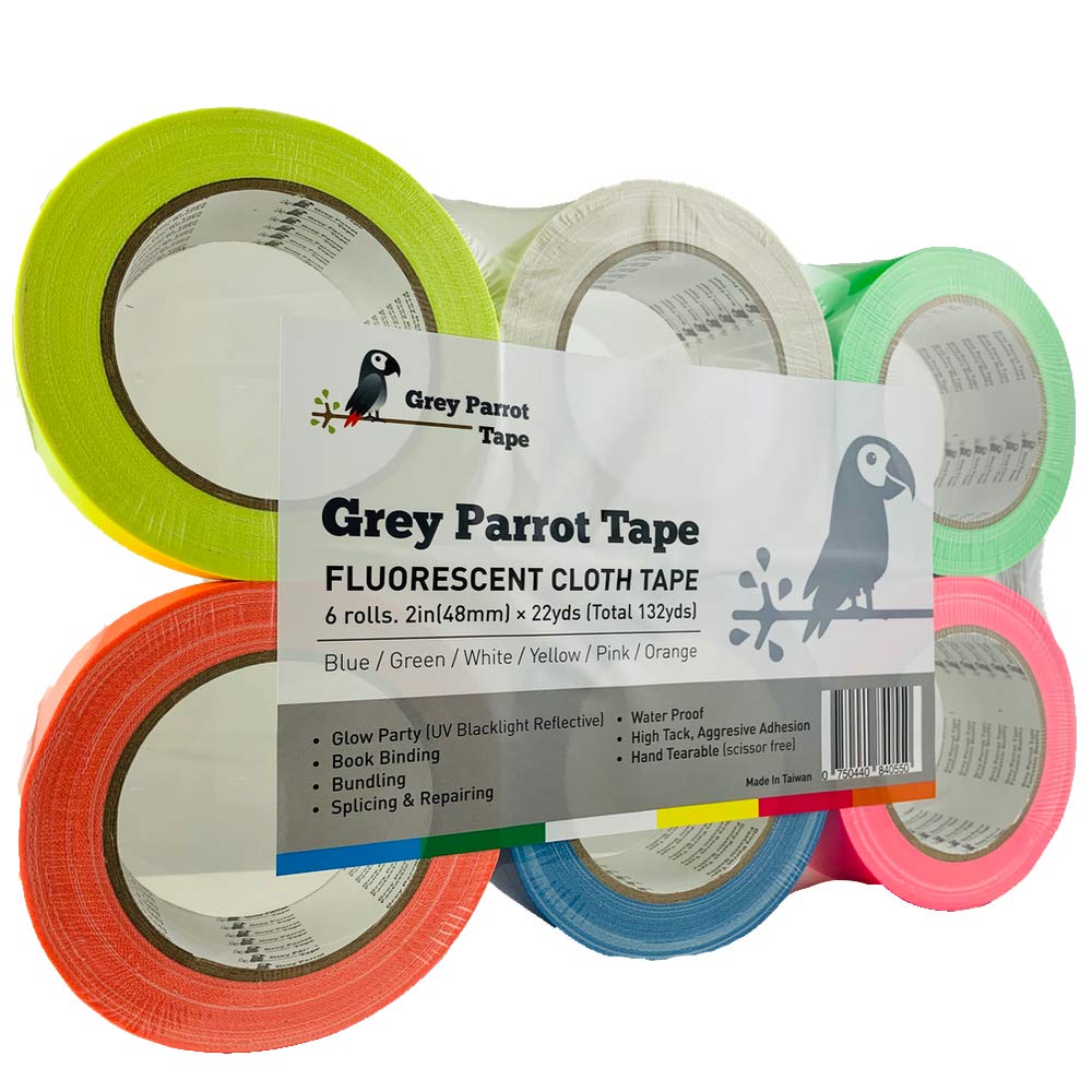 UV Reactive Glow in The Dark Tape - 6 Pack (6 Colors, 66ft Per Roll, 2in x 66ft) Fluorescent Cloth Tape for Blacklight Parties, DIY Crafts & Nighttime Safety Marking