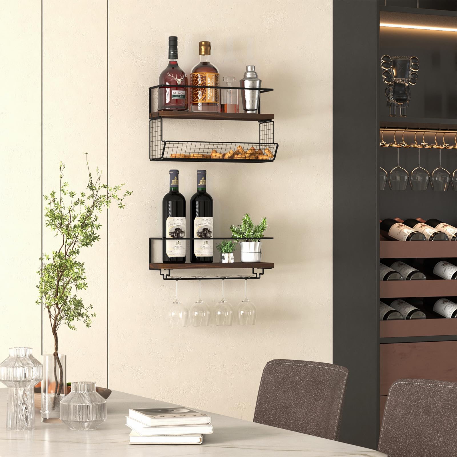 2-Pack Wall Mounted Wine Rack with Mesh Basket & Glass Holder - Rustic Brown Wine Bottle Storage Shelf for Kitchen, Dining Room, Bar Decor - Perfect for Organizing Wine Collections & Displaying Favorite Bottles