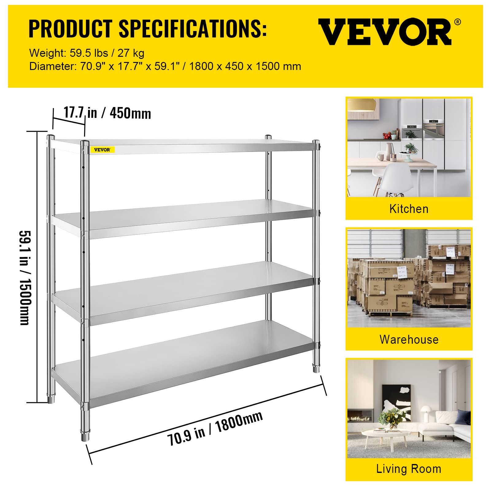 VEVOR 4-Tier Stainless Steel Storage Shelf - Heavy Duty Adjustable Shelving Unit with 1320 lbs Capacity - Perfect for Garage, Warehouse, Pantry & Home Organization