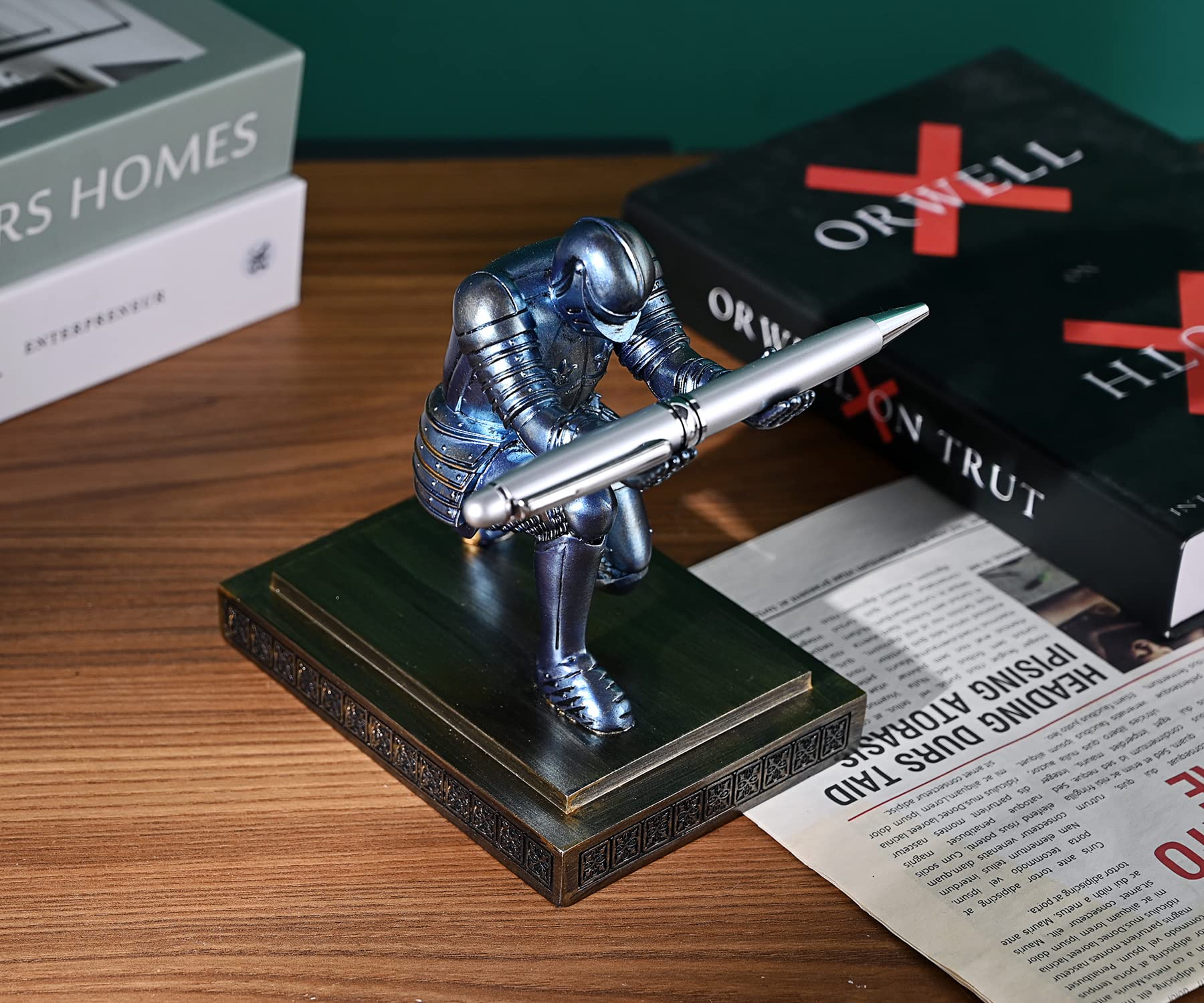 Premium Resin Knight Pen Holder & Desk Organizer - Elegant Pencil Stand with Free Fancy Pen for Office & Home Use - Perfect Gift for Writers & Professionals (Blue) | Ideal for Office Desks, Study Rooms & Gift Giving