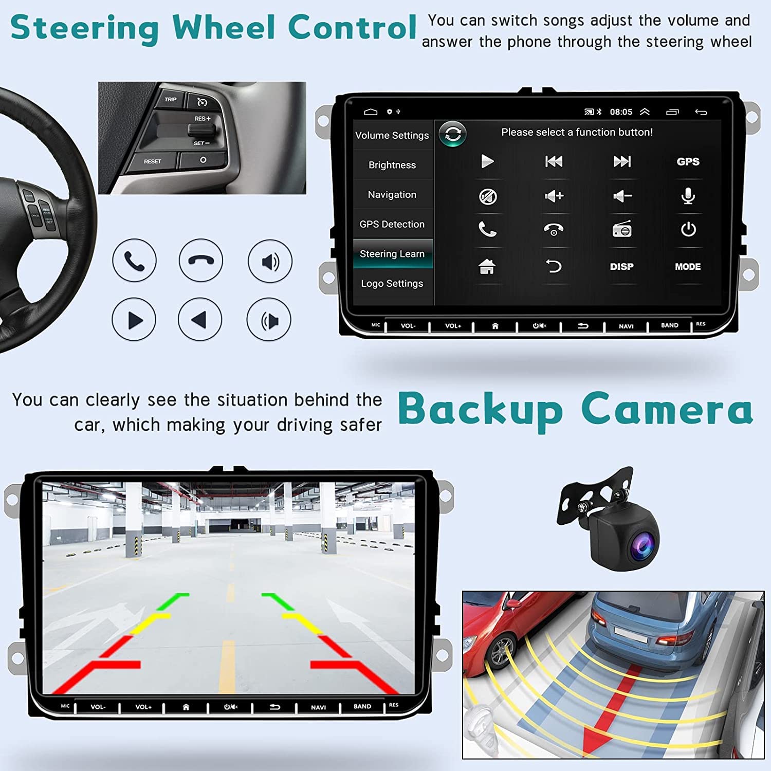 SIXWIN 2GB RAM 64GB ROM Android 13 Double Din Car Stereo for VW Volkswagen Seat Golf Passat Jetta Tiguan Touran - Wireless CarPlay Android Auto Bluetooth GPS Navigation WiFi FM HiFi Backup Camera MIC | In-Car Entertainment System for Road Trips & Daily Commute