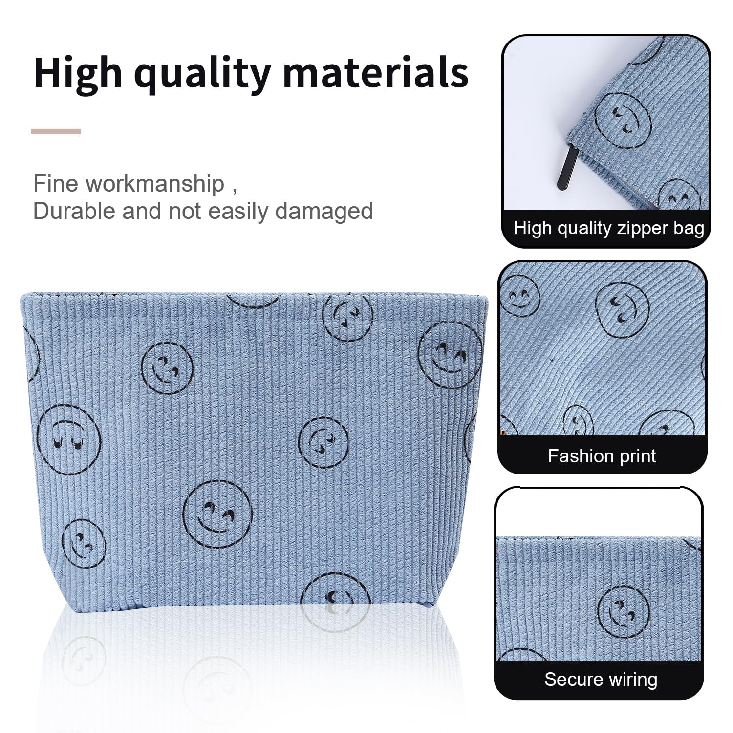 Preppy Cute Corduroy Cosmetic Bag for Women | Travel Makeup & Toiletry Organizer | Waterproof & Durable | Perfect for Gym, Vacation & Daily Use (Blue)