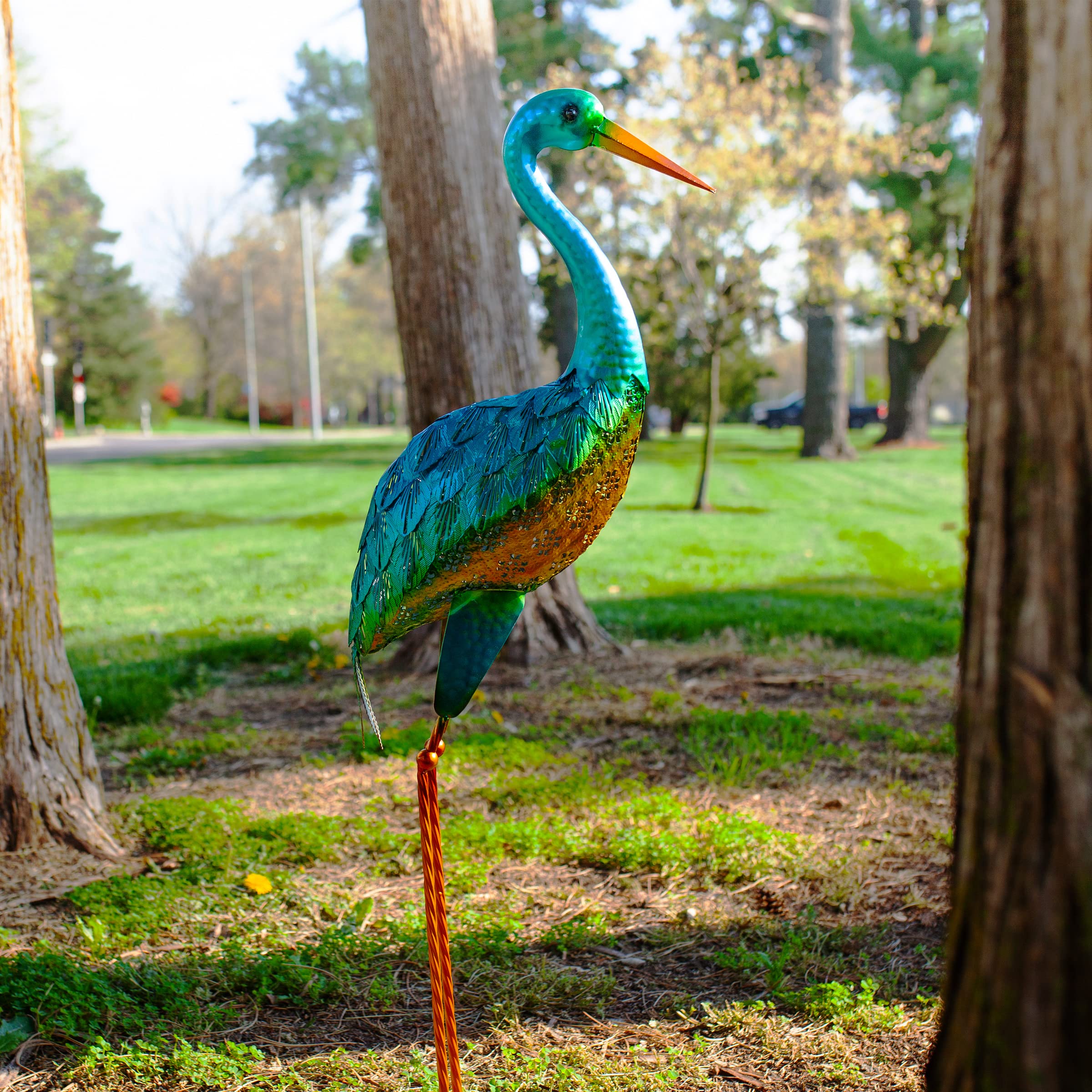 Exhart Coastal Blue Crane Garden Statue - 13 x 7 x 38.5 Inch Stamped Metal Outdoor Decor for Patio, Yard & Beach House Landscaping