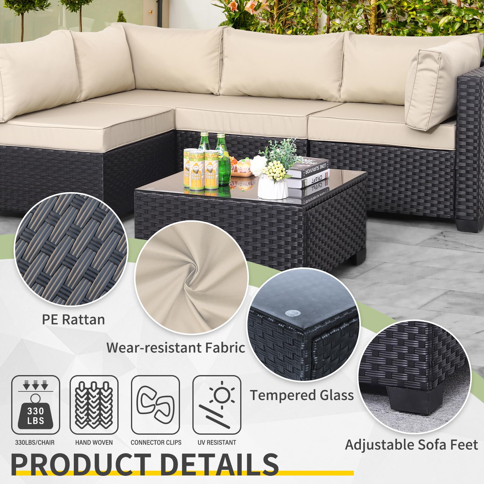 Outdoor Patio PE Wicker 5-Piece Furniture Set - Black Rattan Sectional Sofa with Coffee Table & Khaki Cushions | Durable All-Weather Wicker Conversation Set for Garden, Poolside, or Backyard Relaxation